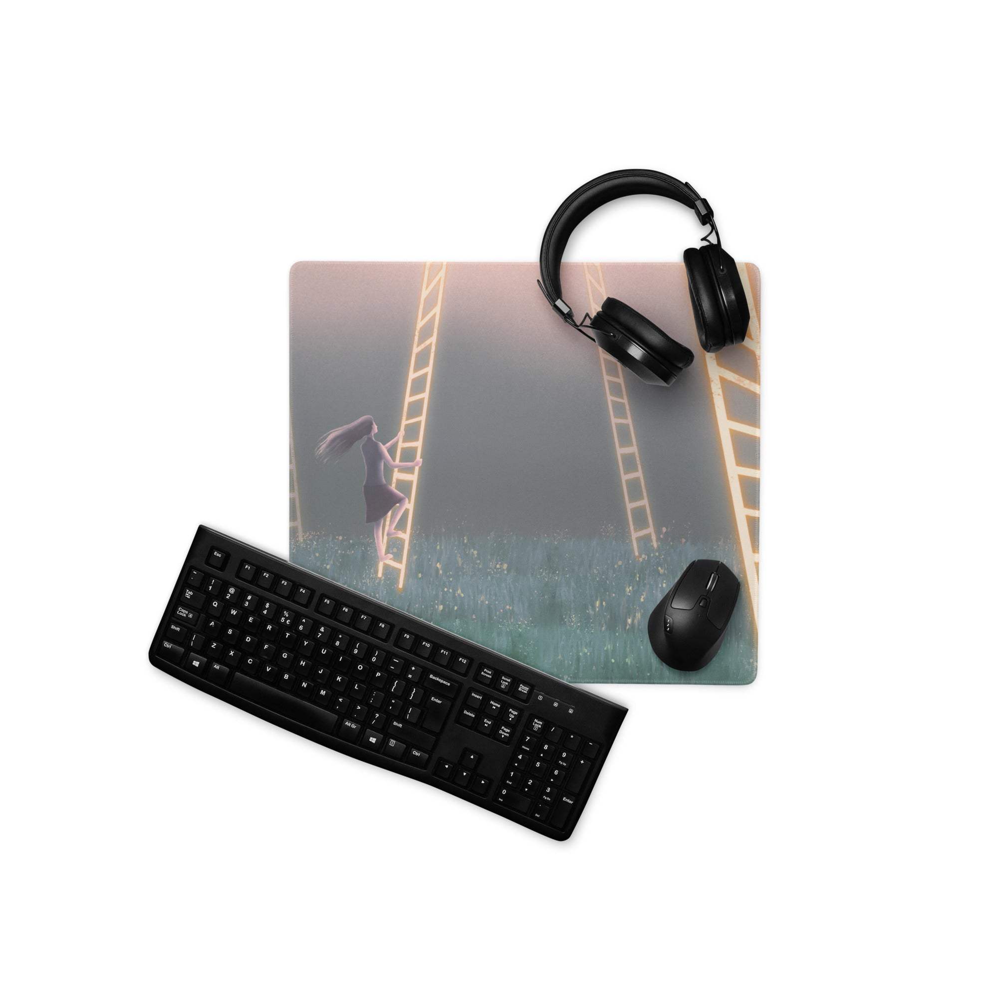 Rectangular mousepad with pastel peach teal gradient and fabric texture featuring figure climbing ladders in misty fields