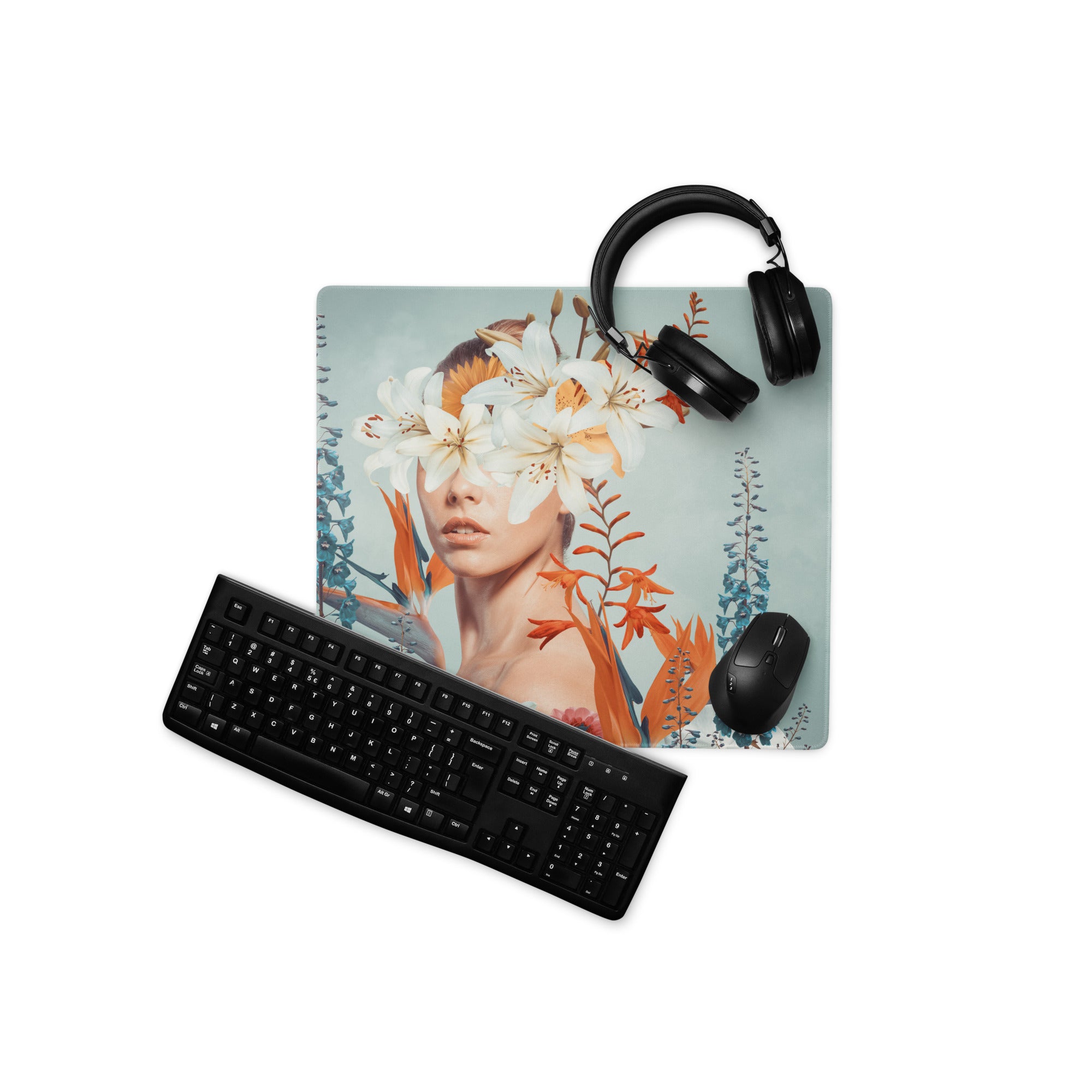 Floral Portrait Mouse Pad Teal Blue And White Orange Flowers Modern Desk Accessory Contemporary Botanical Art Print