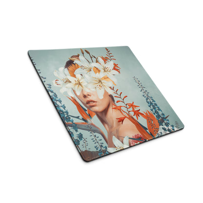 Floral Portrait Mouse Pad Teal Blue And White Orange Flowers Modern Desk Accessory Contemporary Botanical Art Print