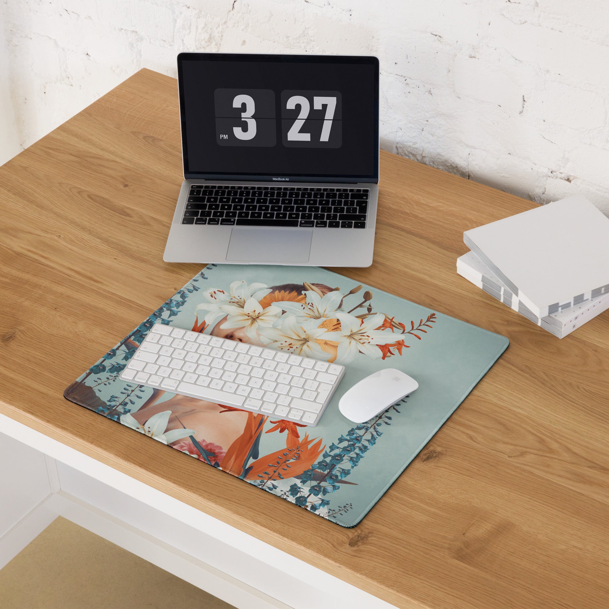 Floral Portrait Mouse Pad Teal Blue And White Orange Flowers Modern Desk Accessory Contemporary Botanical Art Print