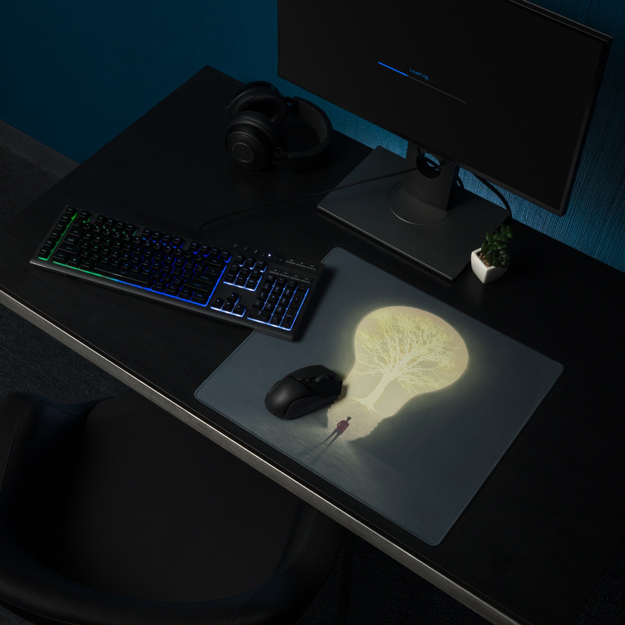 Moonlit Tree Silhouette Mouse Pad Dark Blue And Pale Yellow For Desk Setup Contemporary Surreal Art Dreamy