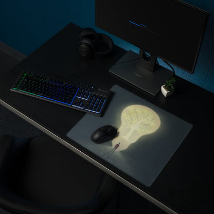 Moonlit Tree Silhouette Mouse Pad Dark Blue And Pale Yellow For Desk Setup Contemporary Surreal Art Dreamy