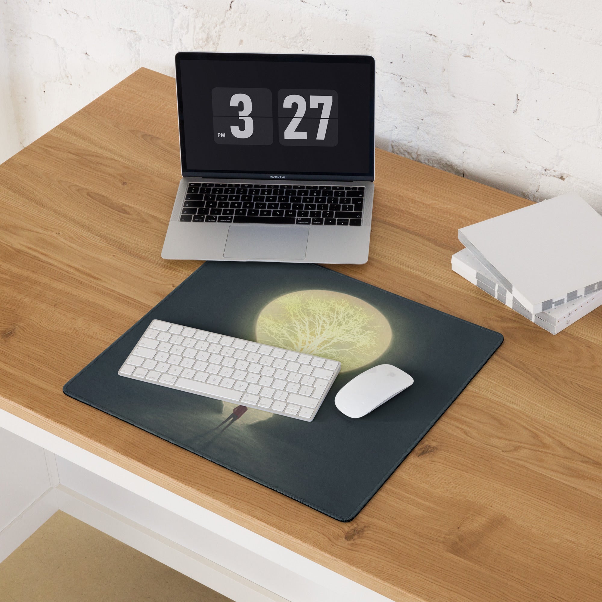 Moonlit Tree Silhouette Mouse Pad Dark Blue And Pale Yellow For Desk Setup Contemporary Surreal Art Dreamy