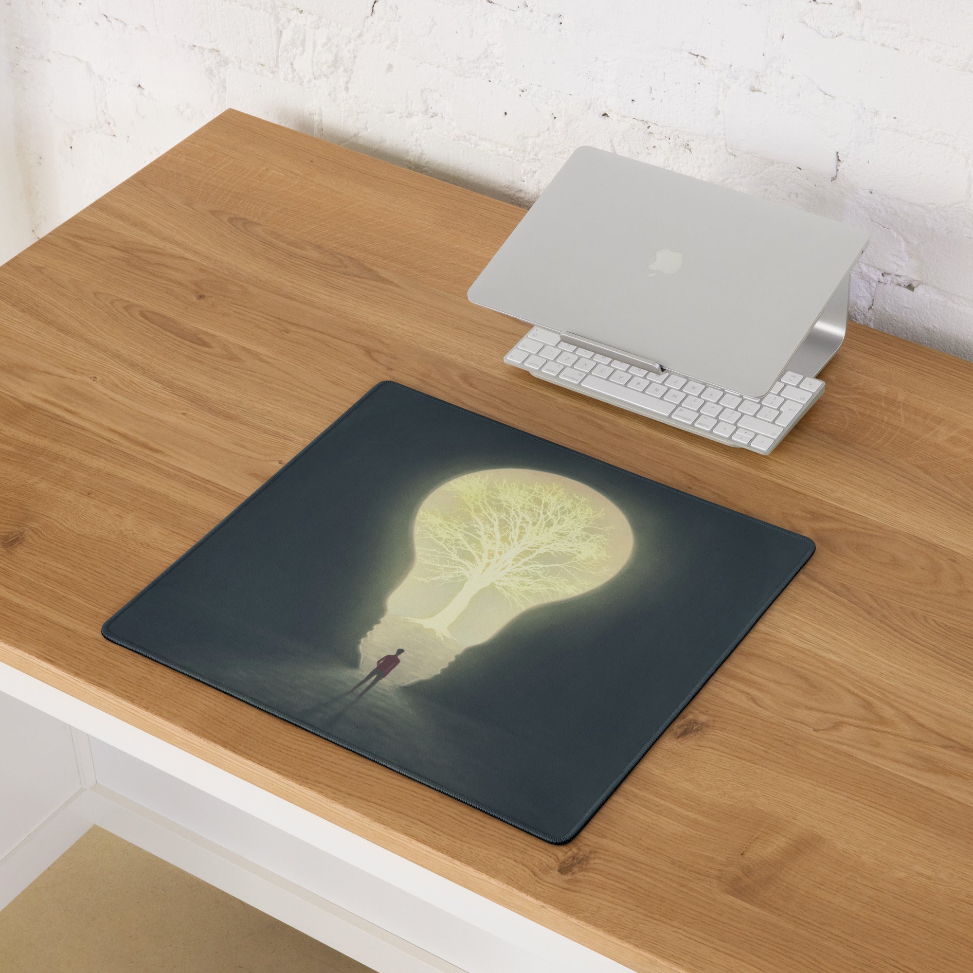 Moonlit Tree Silhouette Mouse Pad Dark Blue And Pale Yellow For Desk Setup Contemporary Surreal Art Dreamy