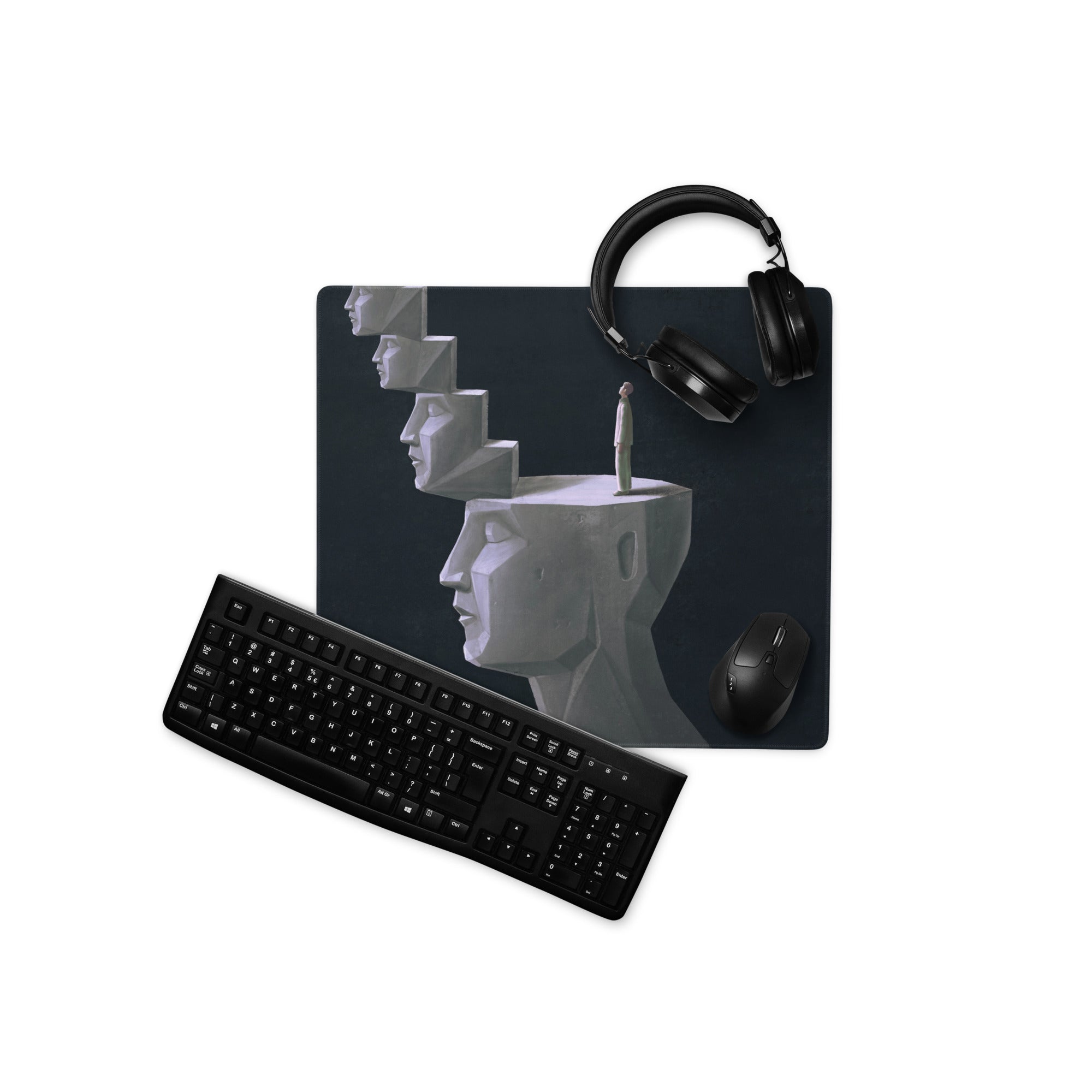 Geometric Staircase Heads Mouse Pad Black White Art For Gaming Desk Large Extended 36x18 Contemporary