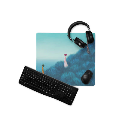 Teal Gradient Contemporary Mouse Pad With Hilltop Figures Modern Art Desk Pad For Home Office 36x18 Inches