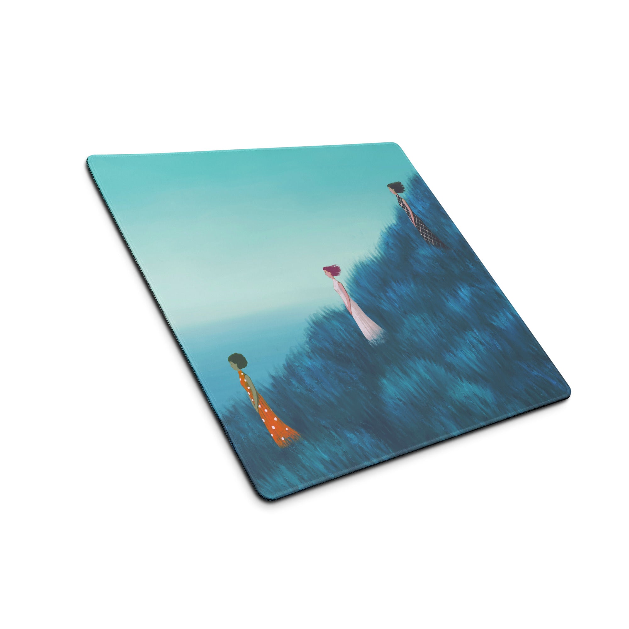 Teal Gradient Contemporary Mouse Pad With Hilltop Figures Modern Art Desk Pad For Home Office 36x18 Inches