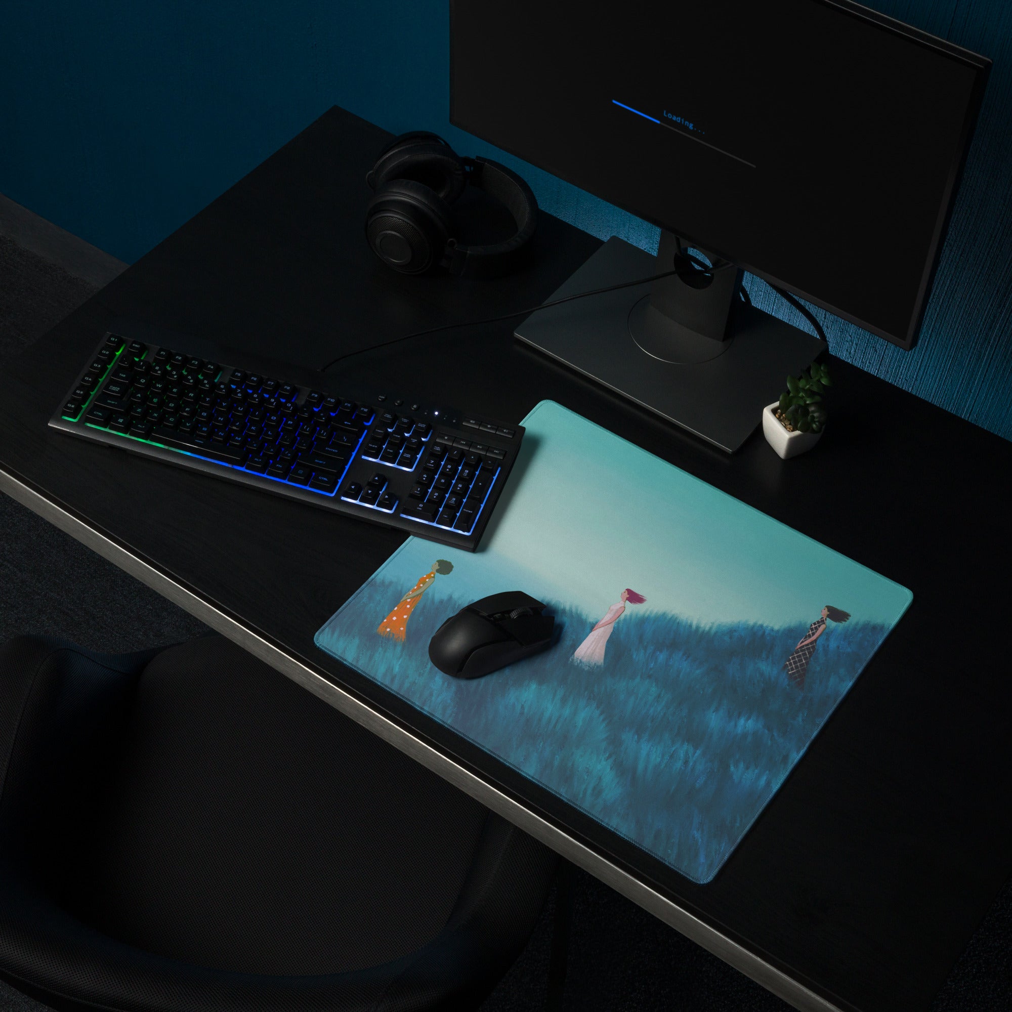 Teal Gradient Contemporary Mouse Pad With Hilltop Figures Modern Art Desk Pad For Home Office 36x18 Inches
