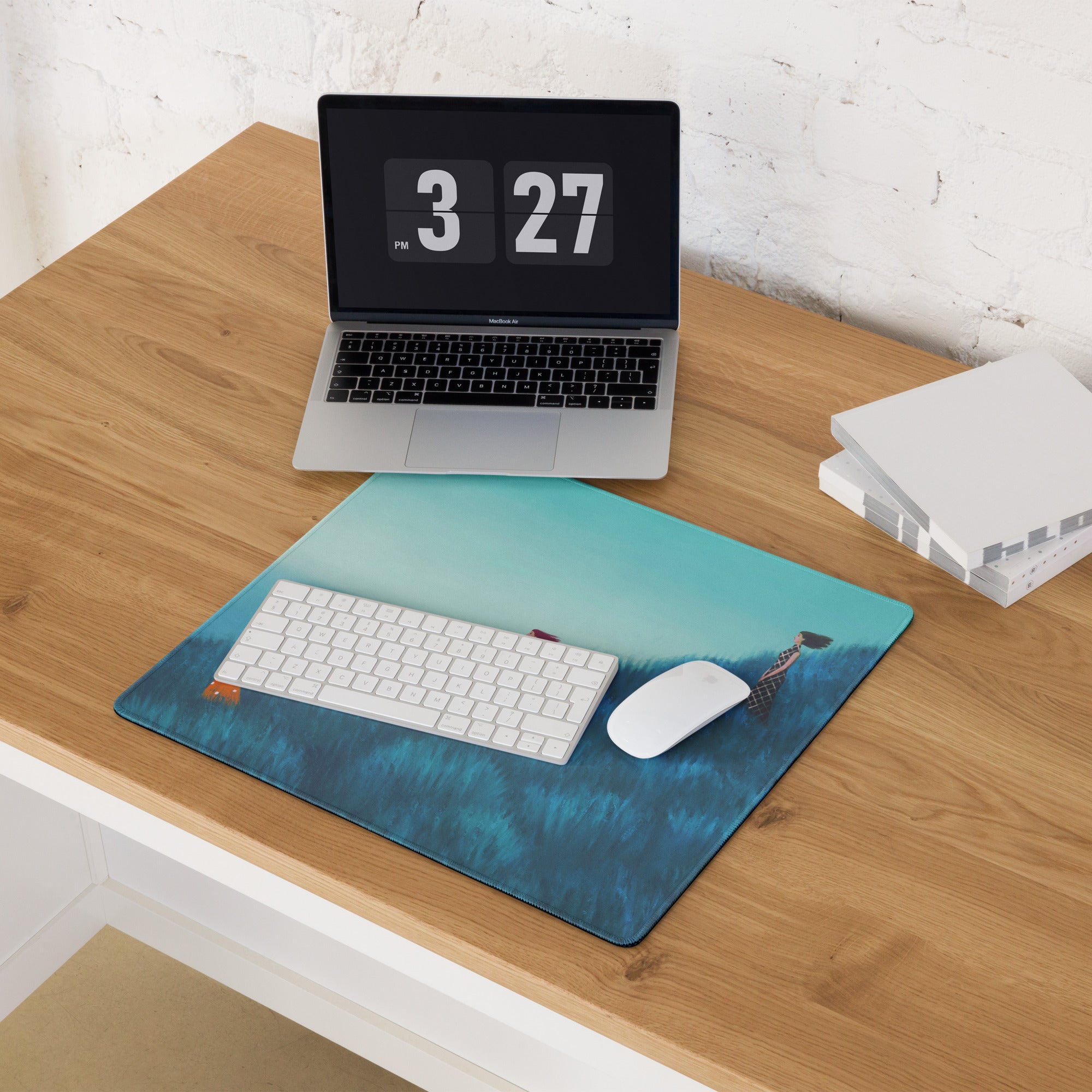 Teal Gradient Contemporary Mouse Pad With Hilltop Figures Modern Art Desk Pad For Home Office 36x18 Inches