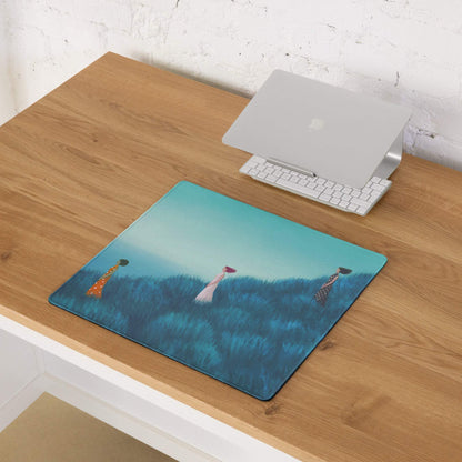 Teal Gradient Contemporary Mouse Pad With Hilltop Figures Modern Art Desk Pad For Home Office 36x18 Inches