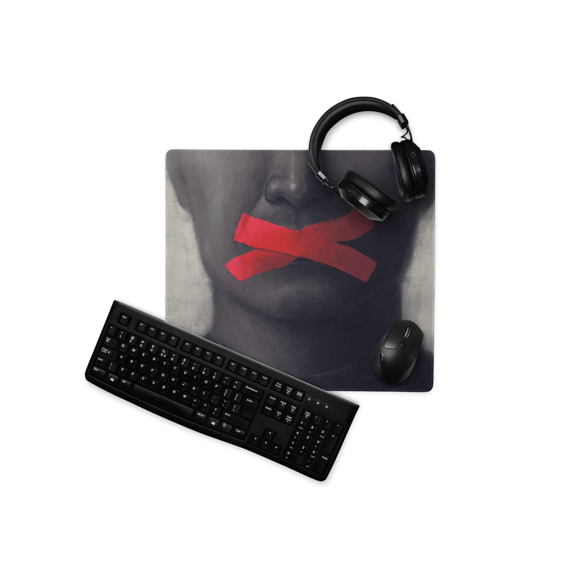 Gaming Gray Black Red Tape Art Mouse Pad For Modern Desk Setup, Contemporary Industrial Style 36x18
