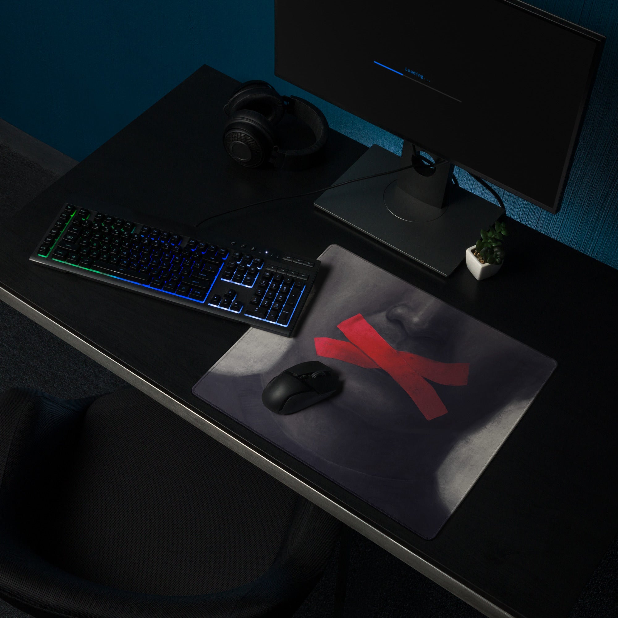 Gaming Gray Black Red Tape Art Mouse Pad For Modern Desk Setup, Contemporary Industrial Style 36x18