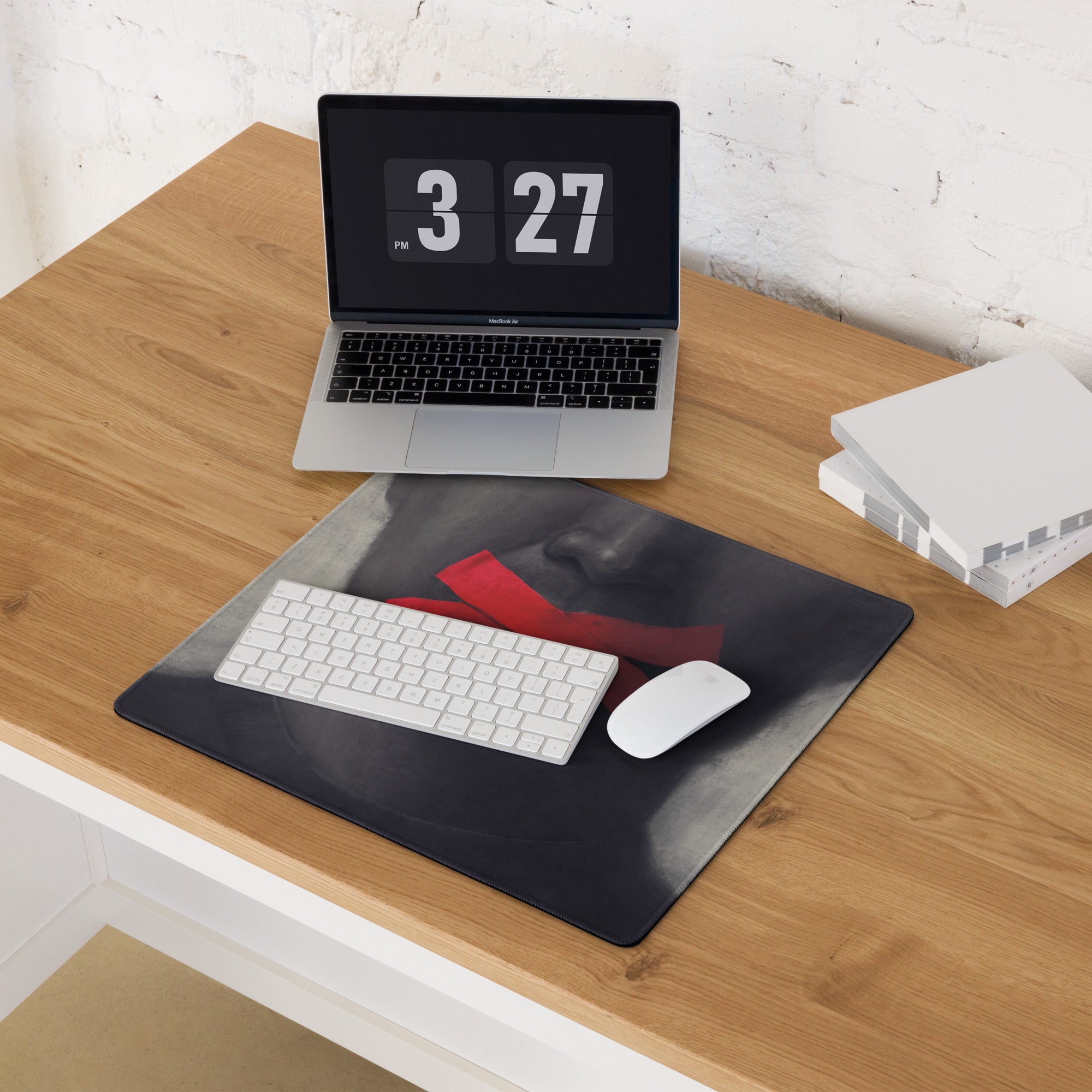 Gaming Gray Black Red Tape Art Mouse Pad For Modern Desk Setup, Contemporary Industrial Style 36x18