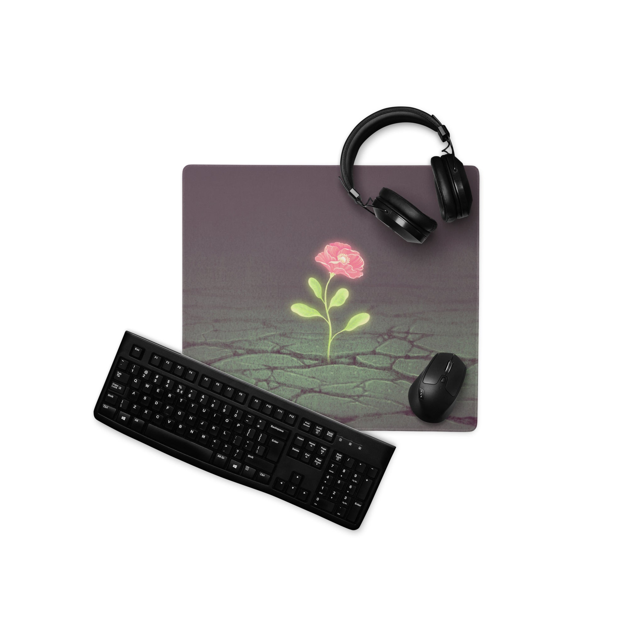 Floral Rose Mouse Pad Dark Gradient With Pink Accent 36x18 Modern Contemporary Desk Mat For Home Office