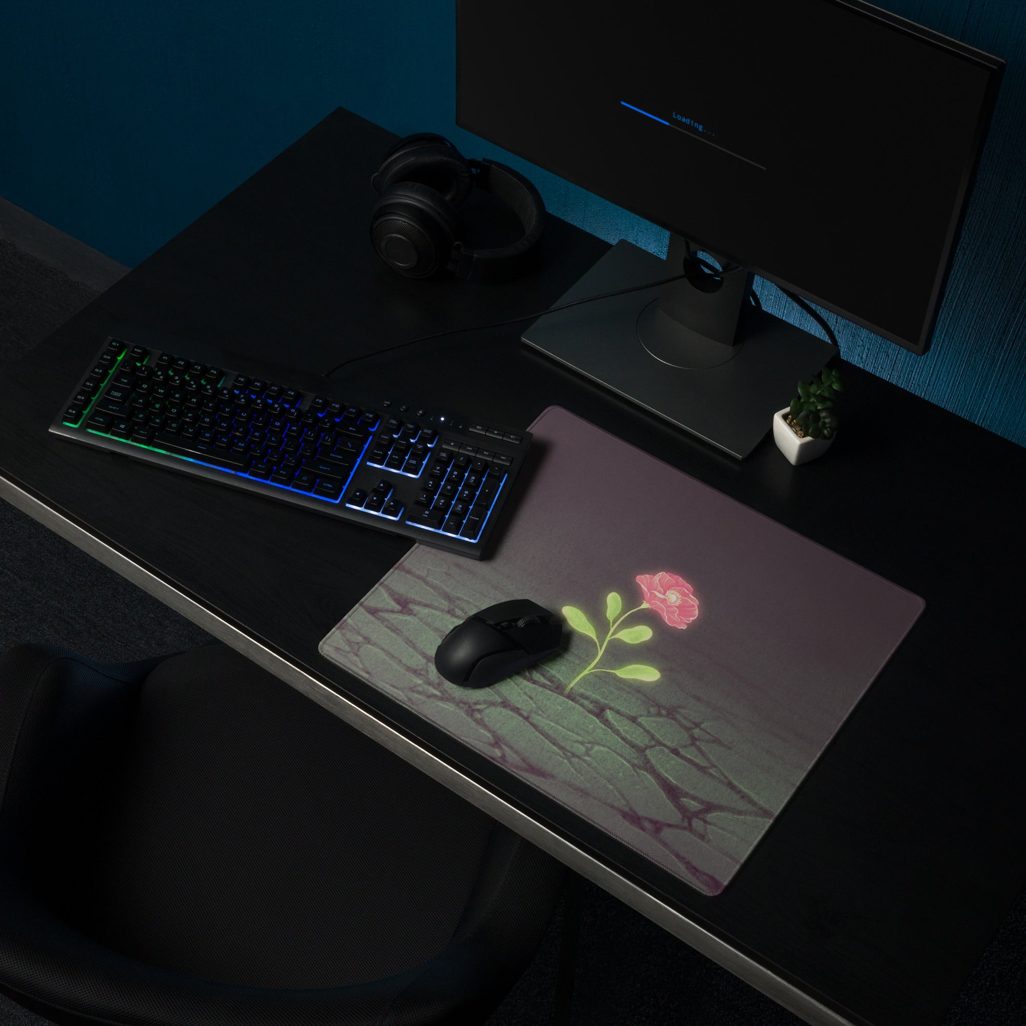 Floral Rose Mouse Pad Dark Gradient With Pink Accent 36x18 Modern Contemporary Desk Mat For Home Office