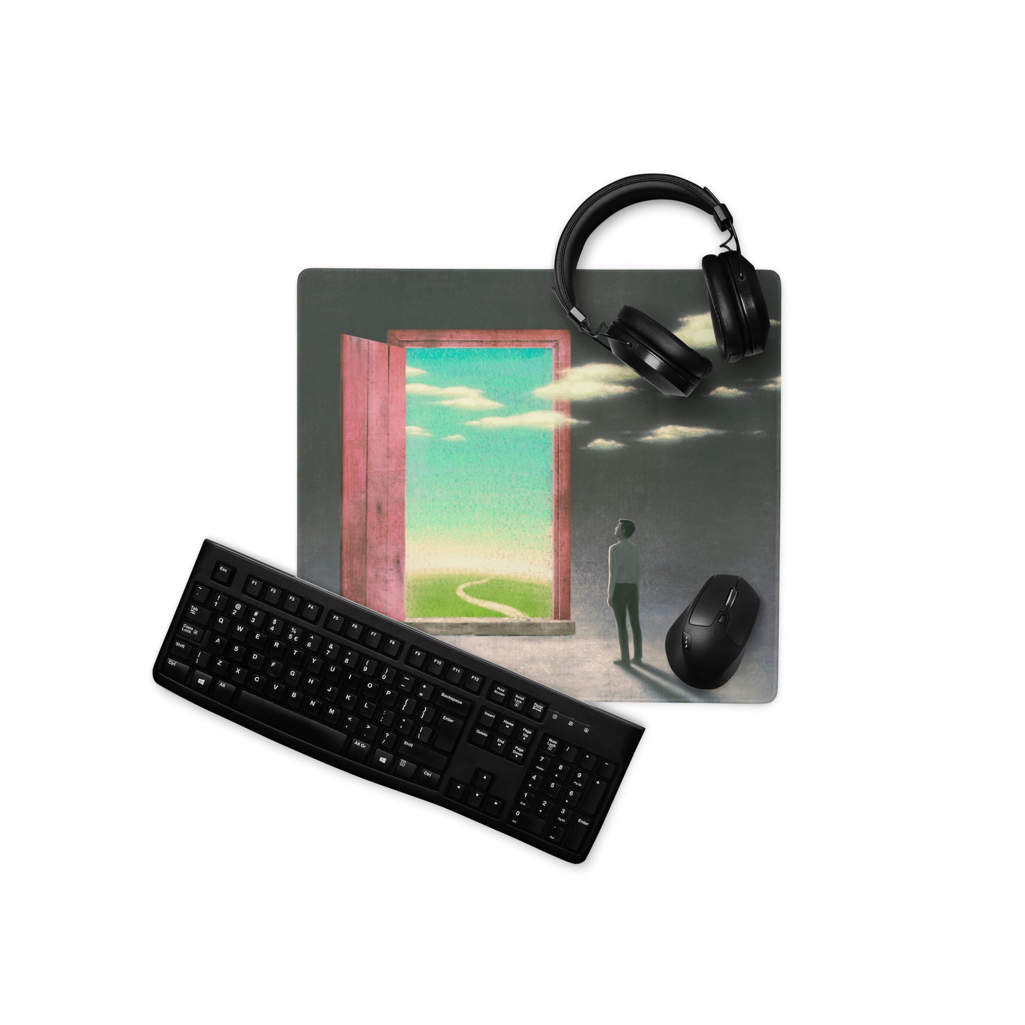 Surreal Pink Door Portal Mouse Pad 36x18 Inch For Modern Office Desk Decor Contemporary Art Style