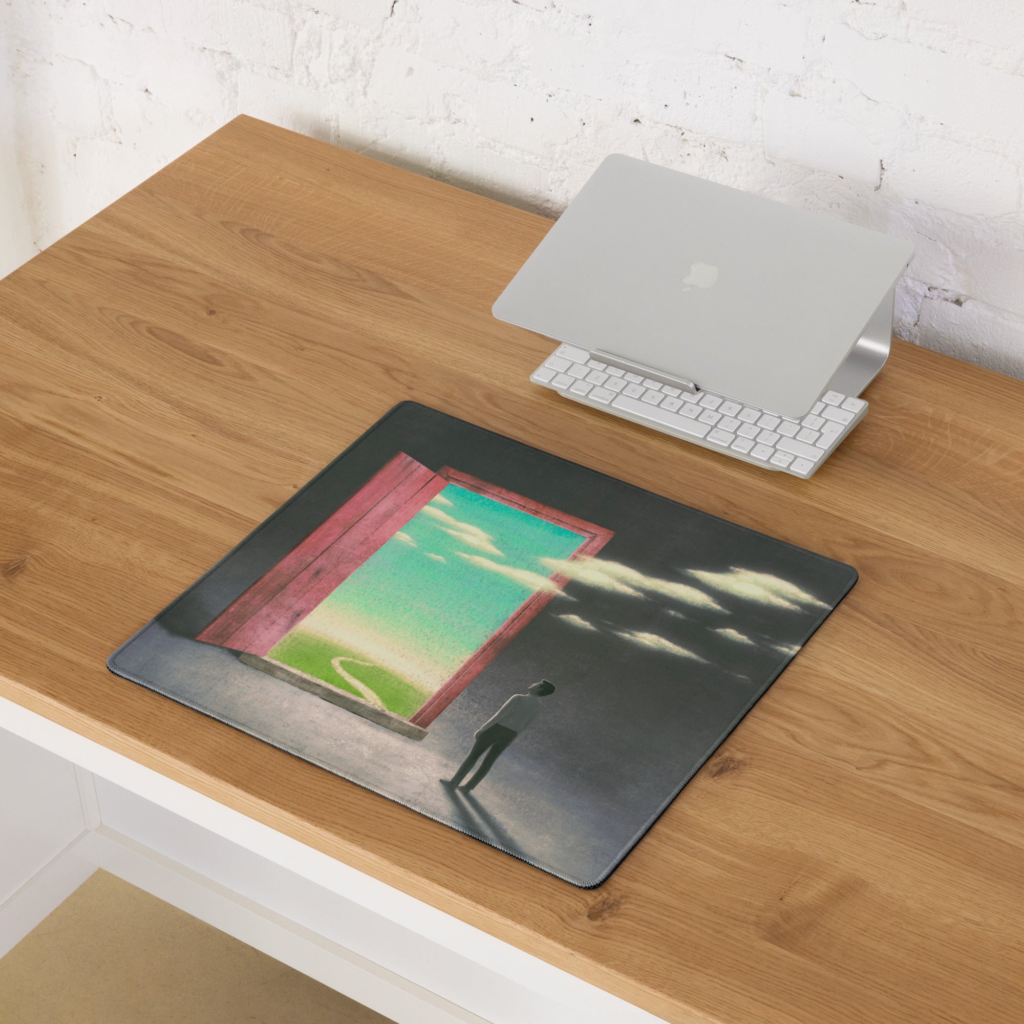 Surreal Pink Door Portal Mouse Pad 36x18 Inch For Modern Office Desk Decor Contemporary Art Style