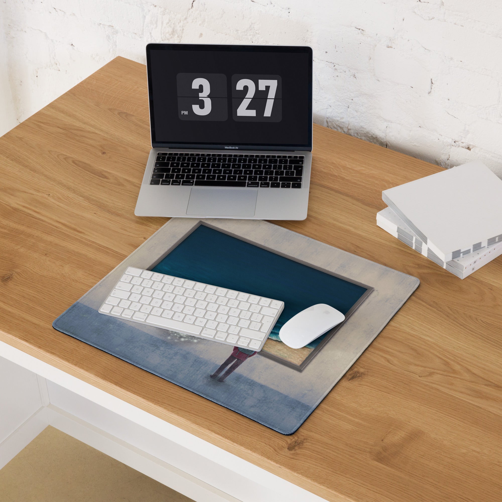 Beach Scene Mouse Pad Beige Blue Ocean Desk Pad For Modern Workspace Contemporary Style Calm Mood Minimalist Decor
