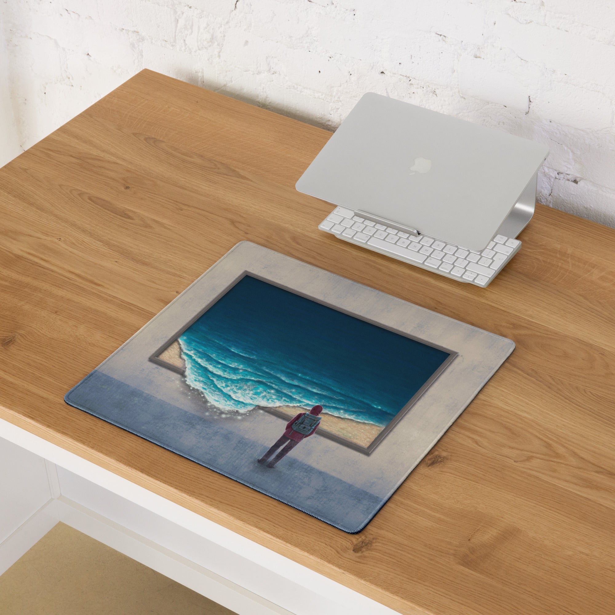 Beach Scene Mouse Pad Beige Blue Ocean Desk Pad For Modern Workspace Contemporary Style Calm Mood Minimalist Decor