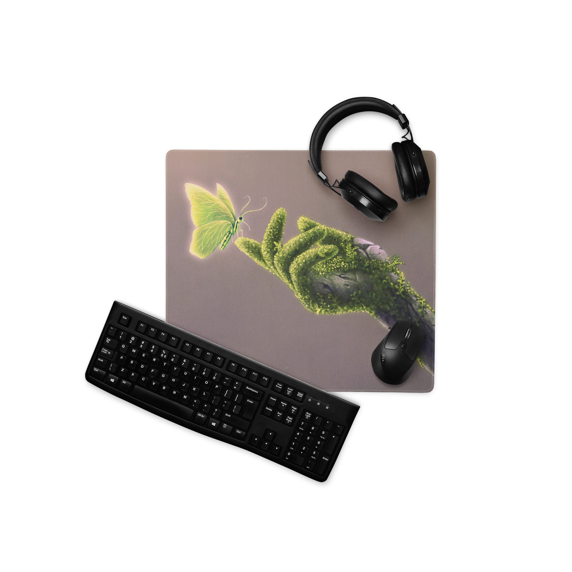 Botanical Butterfly Mouse Pad Gold Green For Desktop Home Office Modern Plant Art Style Decor