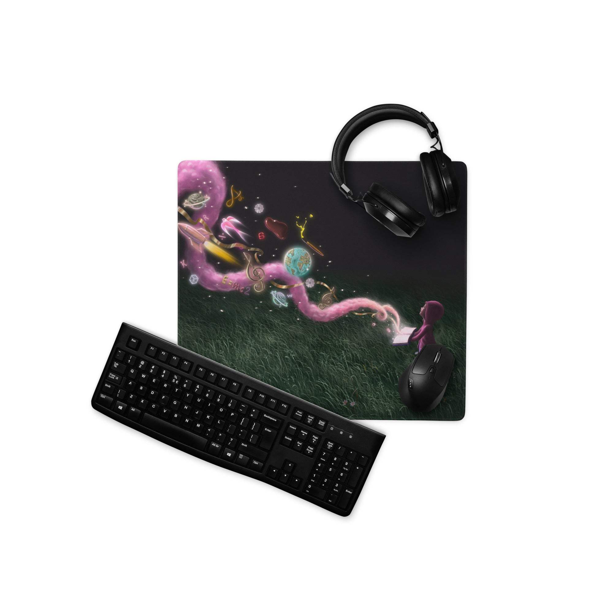Black gaming mousepad featuring whimsical pink tentacles musical notes and celestial elements for modern office and gaming use
