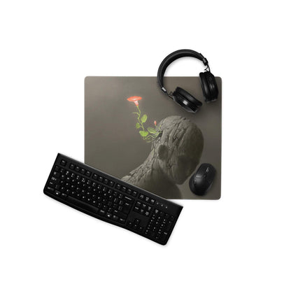 Rock Flower Desk Mouse Pad Charcoal Gray With Red Bloom For Modern Office, Contemporary Art Print Large 36x18