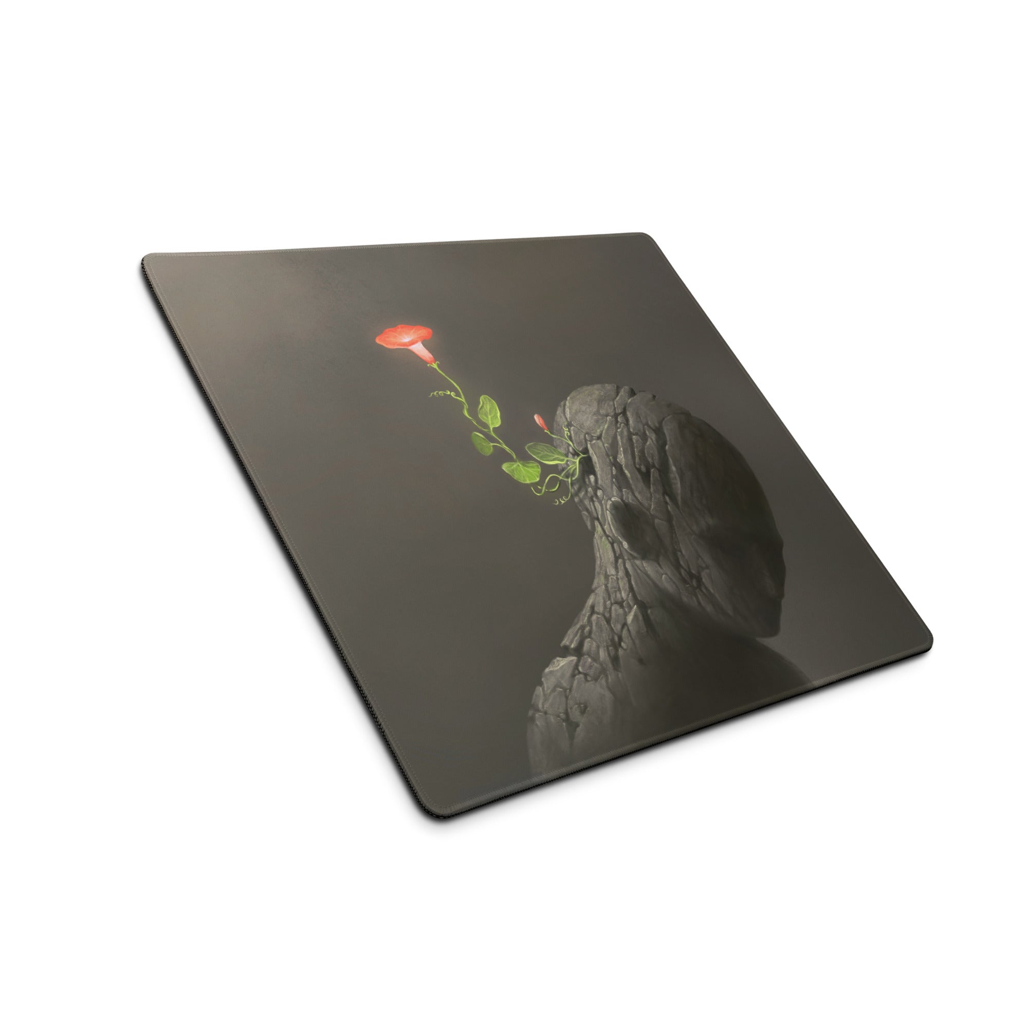 Rock Flower Desk Mouse Pad Charcoal Gray With Red Bloom For Modern Office, Contemporary Art Print Large 36x18