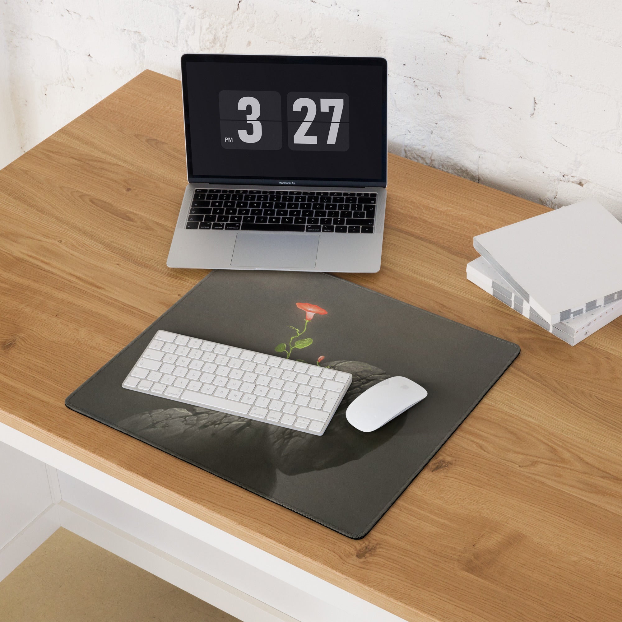 Rock Flower Desk Mouse Pad Charcoal Gray With Red Bloom For Modern Office, Contemporary Art Print Large 36x18
