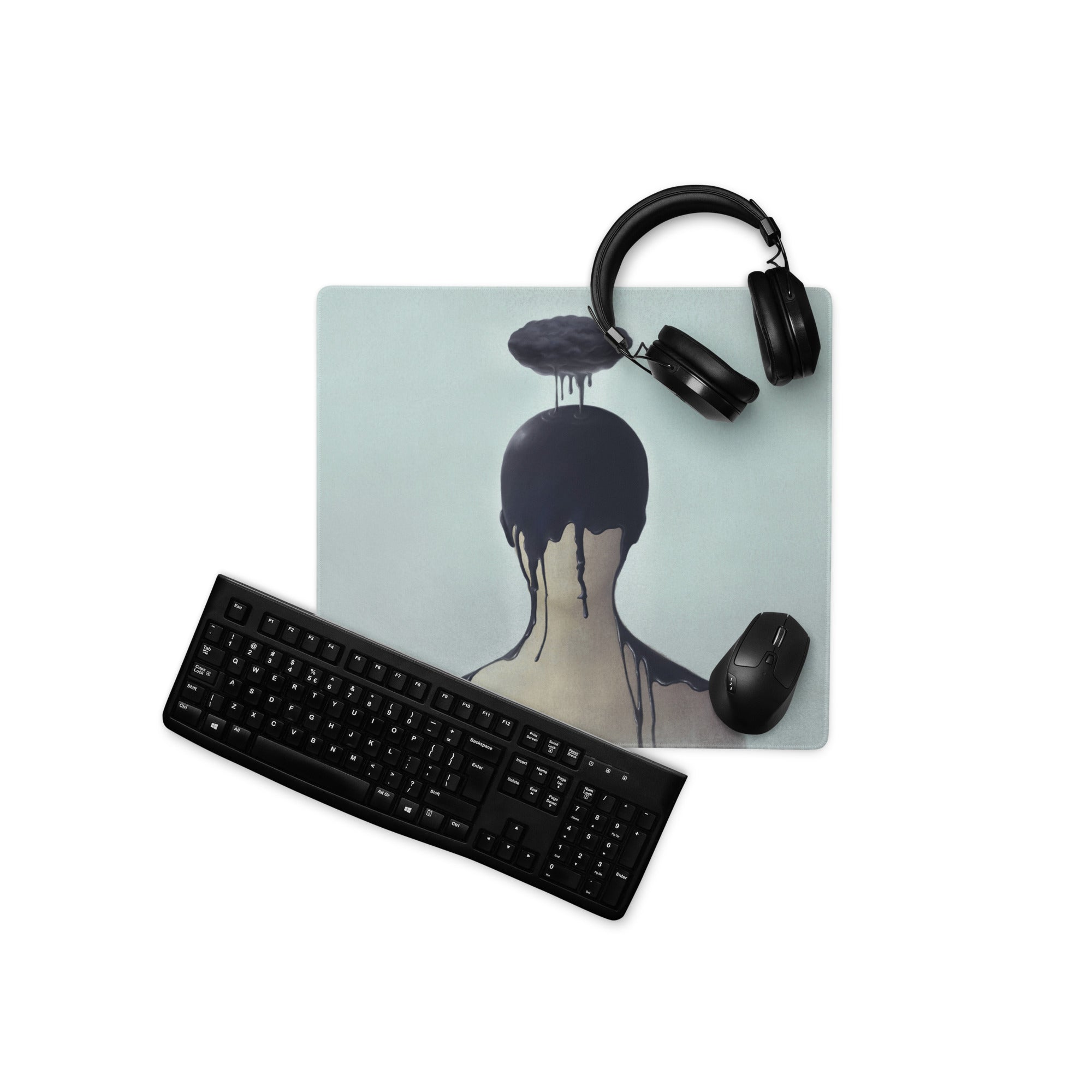 Black Drip Silhouette Drip Art Mouse Pad on Ice Blue Background Contemporary Desk Decor for Gaming