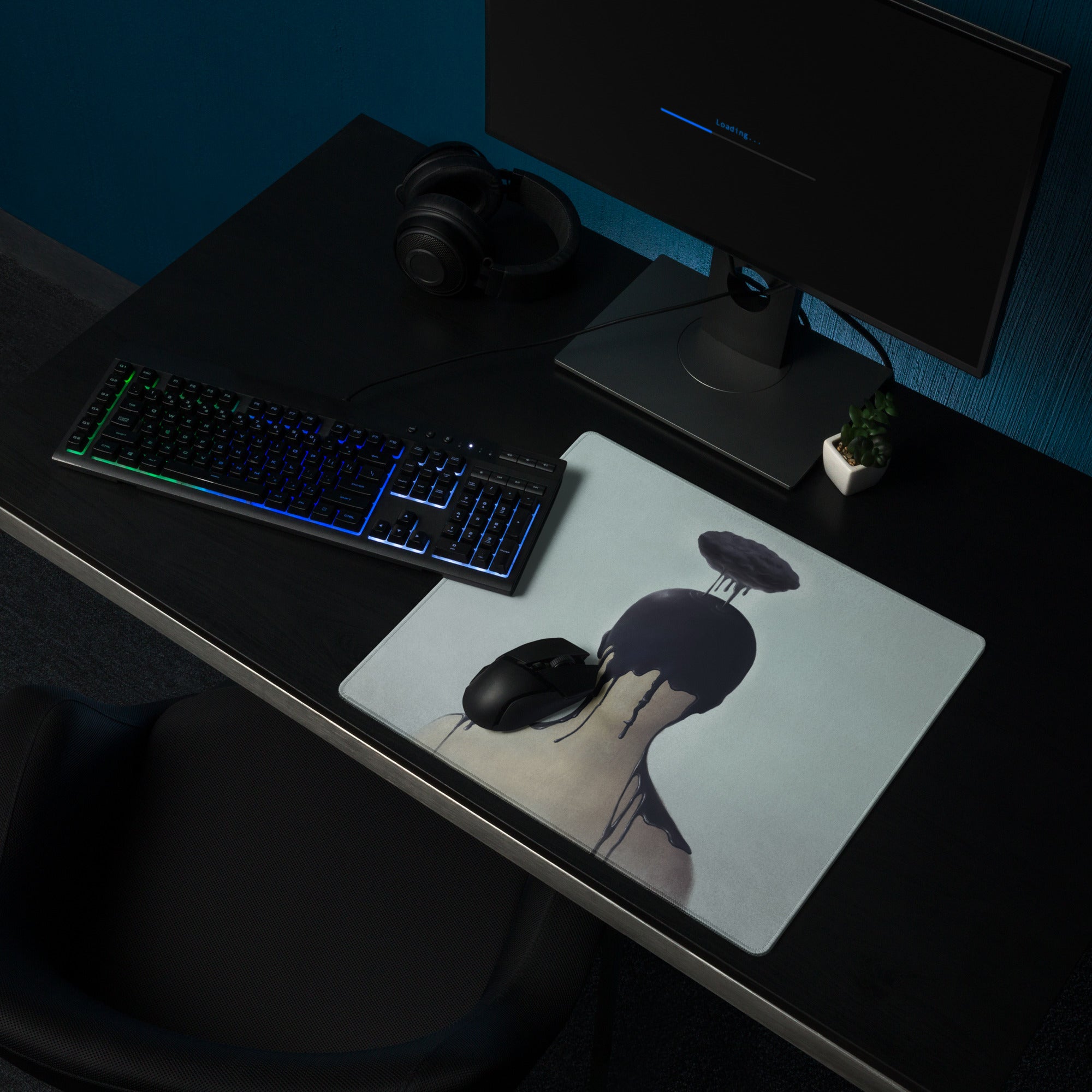 Black Drip Silhouette Drip Art Mouse Pad on Ice Blue Background Contemporary Desk Decor for Gaming