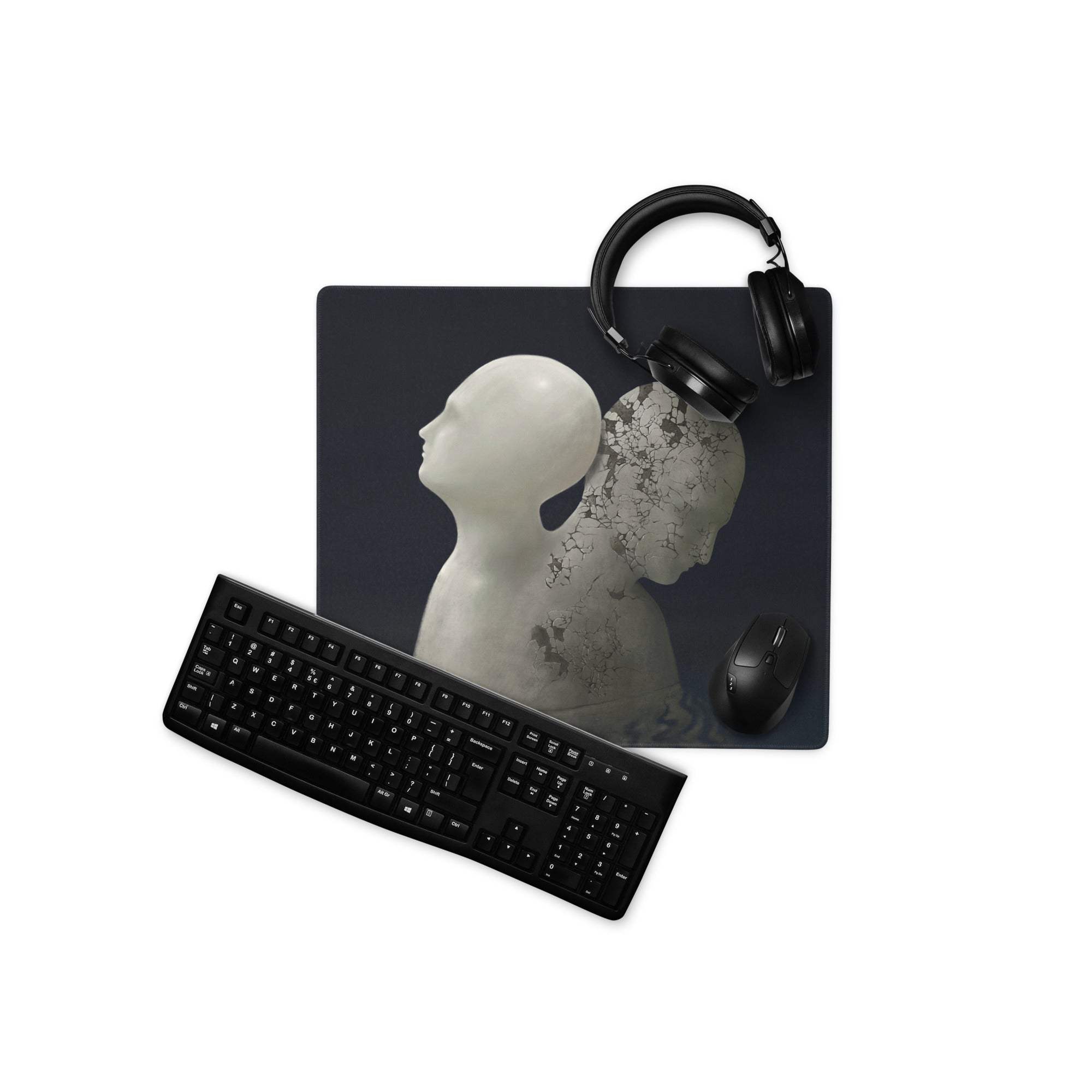 Contemporary Black Gray Mouse Pad With Cracked Marble Sculpture Motif For Gaming Desk Setup
