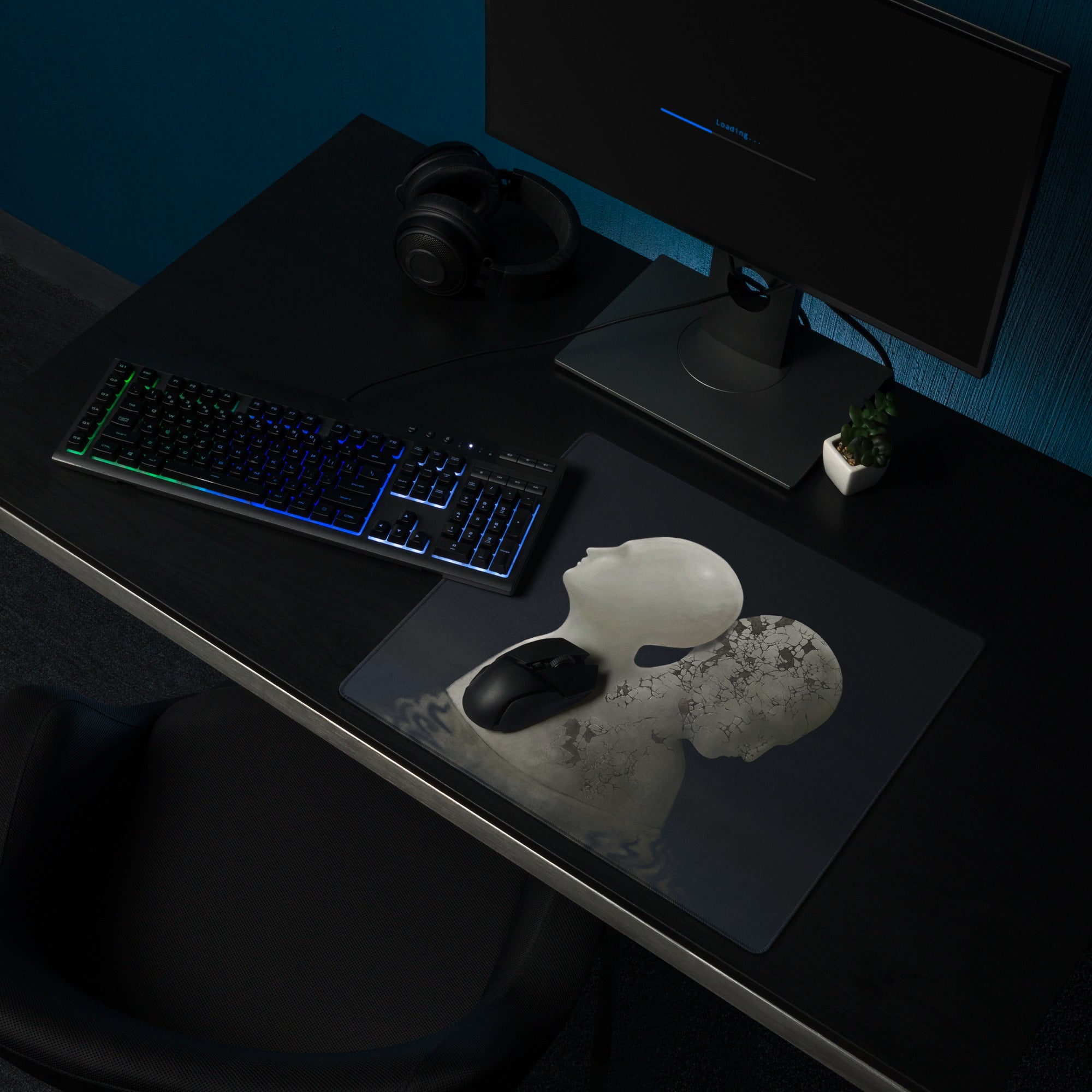 Contemporary Black Gray Mouse Pad With Cracked Marble Sculpture Motif For Gaming Desk Setup