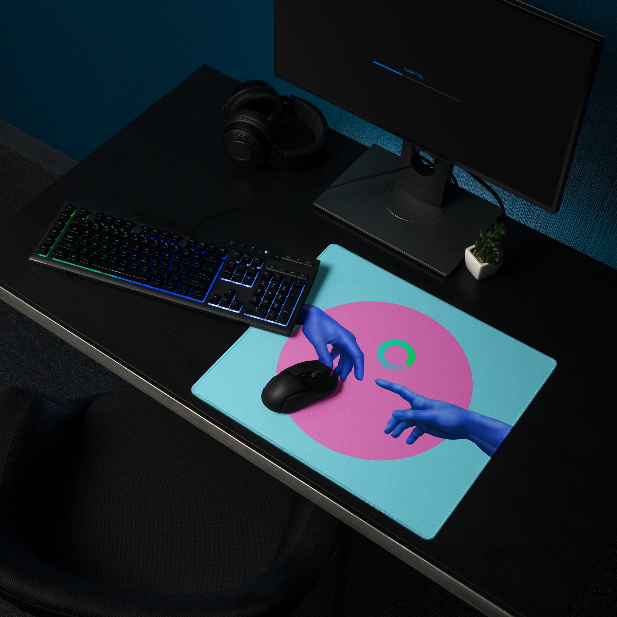 Abstract Hands Mouse Pad Neon Pink And Aqua Blue For Gaming Desk Contemporary Pop Art Digital Illustration