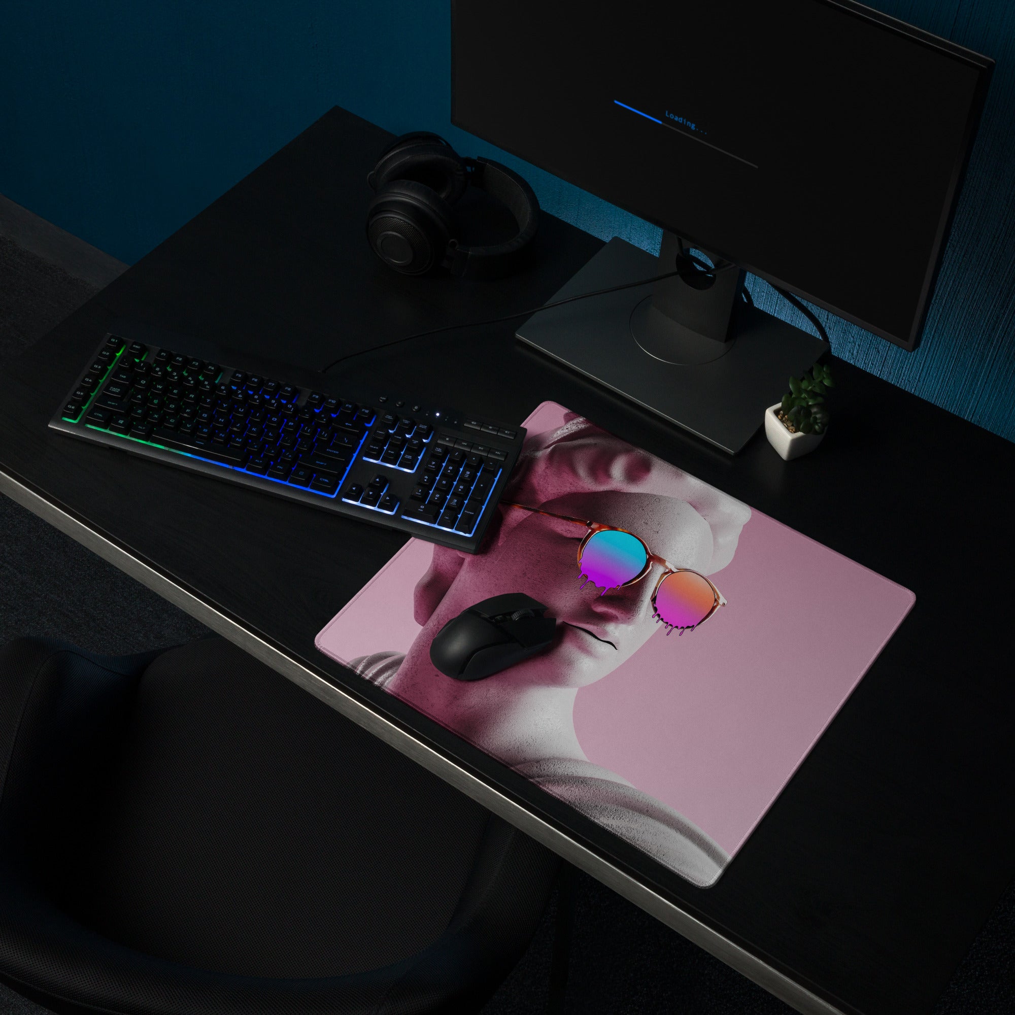 Statue Head Pink Pop Art Gaming Mouse Pad 36x18 Inch Desk Mat Or 18x16 Inch With Colorful Reflective Sunglasses