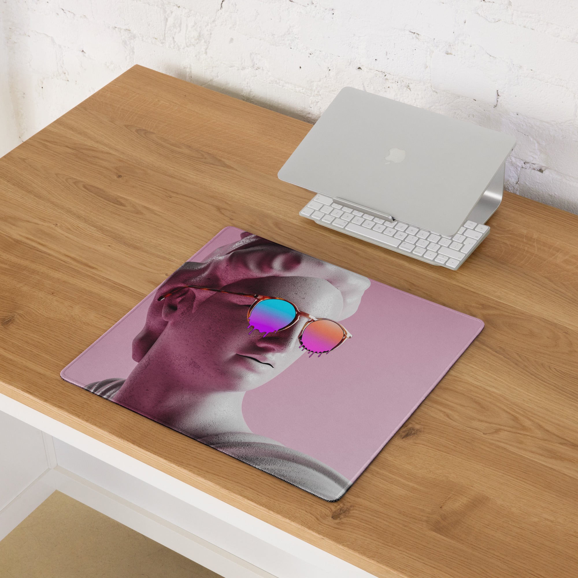 Statue Head Pink Pop Art Gaming Mouse Pad 36x18 Inch Desk Mat Or 18x16 Inch With Colorful Reflective Sunglasses