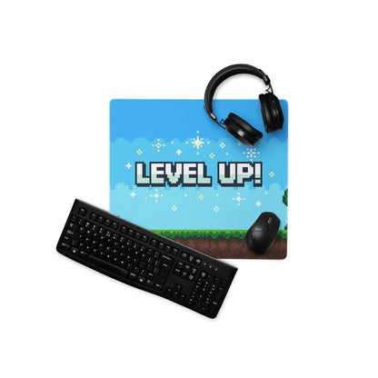 Gaming Mouse Pad Blue Pixel Art For Desk Setup Retro Arcade Style Level Up Theme Non Slip Surface Large
