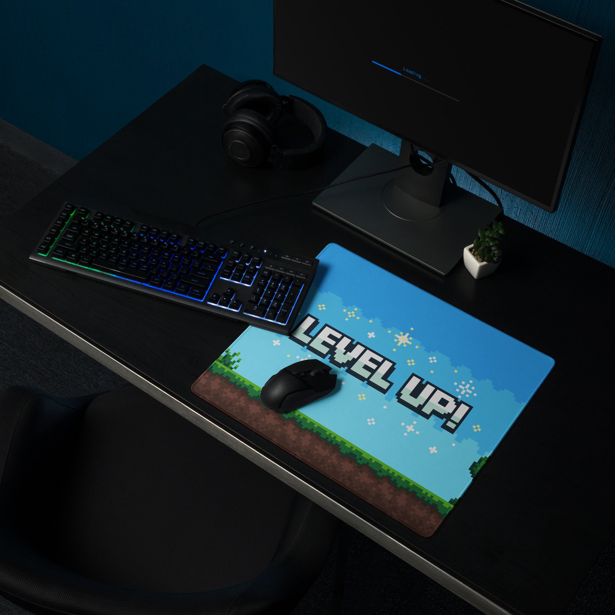 Gaming Mouse Pad Blue Pixel Art For Desk Setup Retro Arcade Style Level Up Theme Non Slip Surface Large