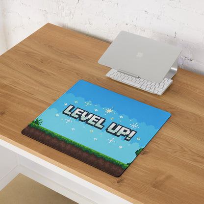 Gaming Mouse Pad Blue Pixel Art For Desk Setup Retro Arcade Style Level Up Theme Non Slip Surface Large