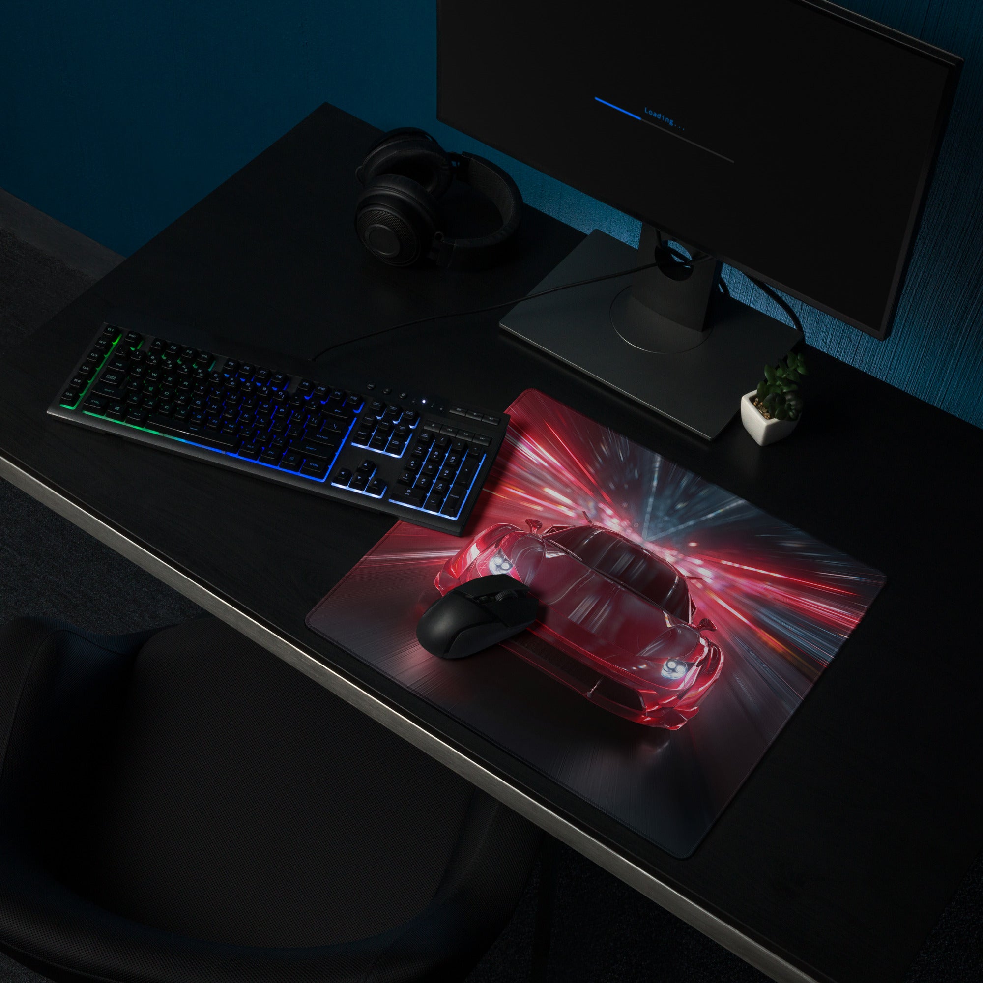 Red And Blue Neon Racing Car Gaming Mouse Pad For Desk Setup Large Non Slip Edge Stitch