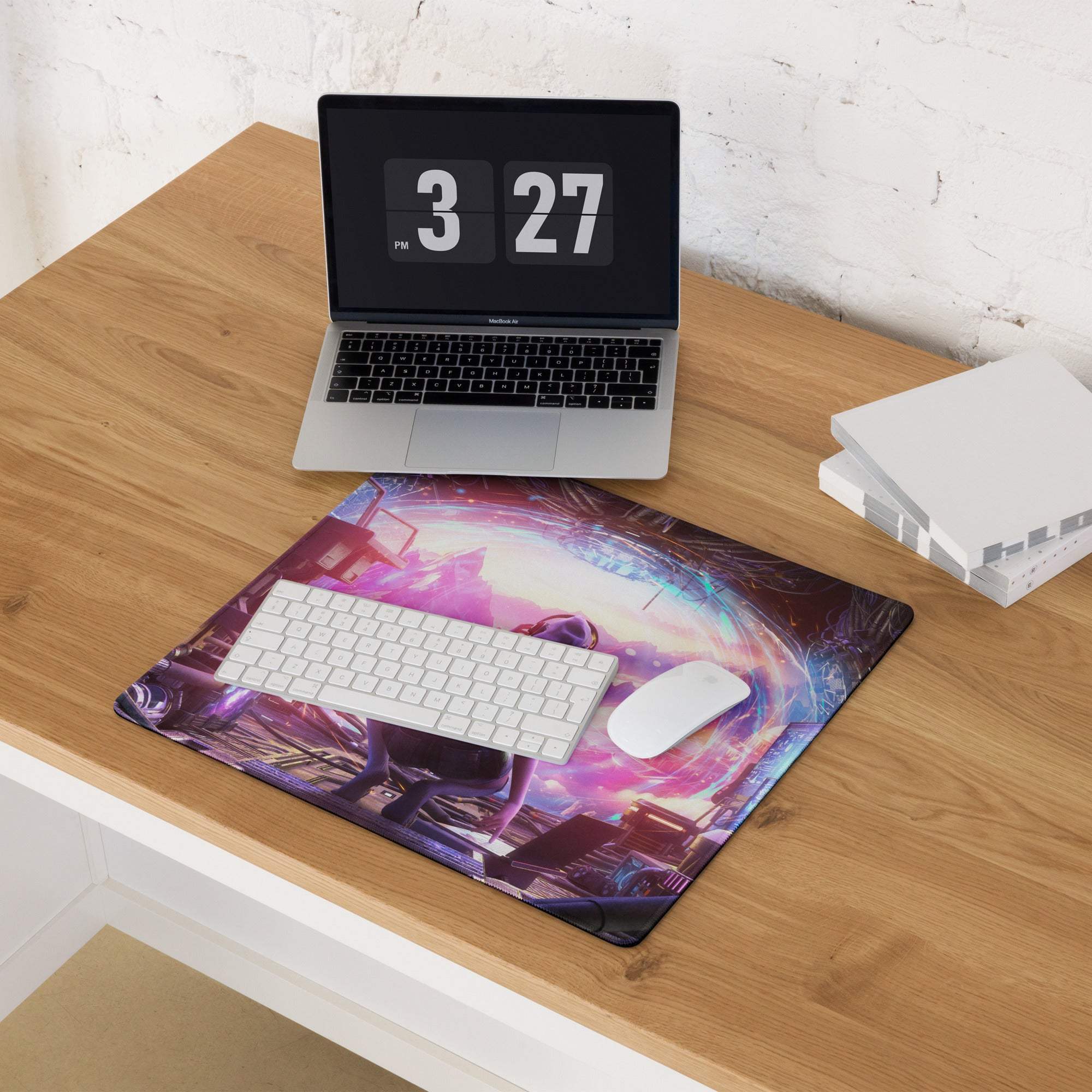 Neon cyberpunk mouse pad with vibrant purple and pink nebula design featuring a futuristic cityscape under galaxy swirl
