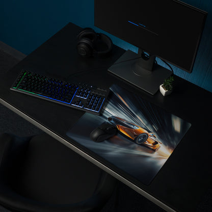 Gamer Mouse Pad Orange Blue Black For Gaming Desk Setup In Futuristic Digital Art Style Dynamic Motion Blur