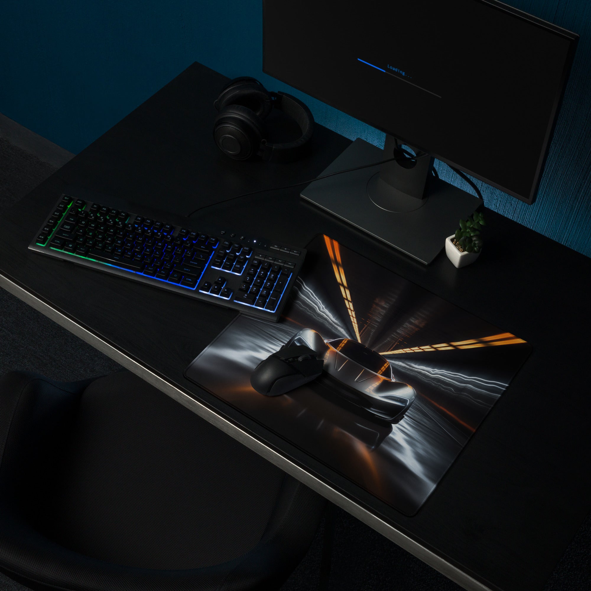 Gaming Mouse Pad Black Neon Orange Blue Car Racing Theme For Gaming Desk And Dynamic Futuristic Neon Artwork