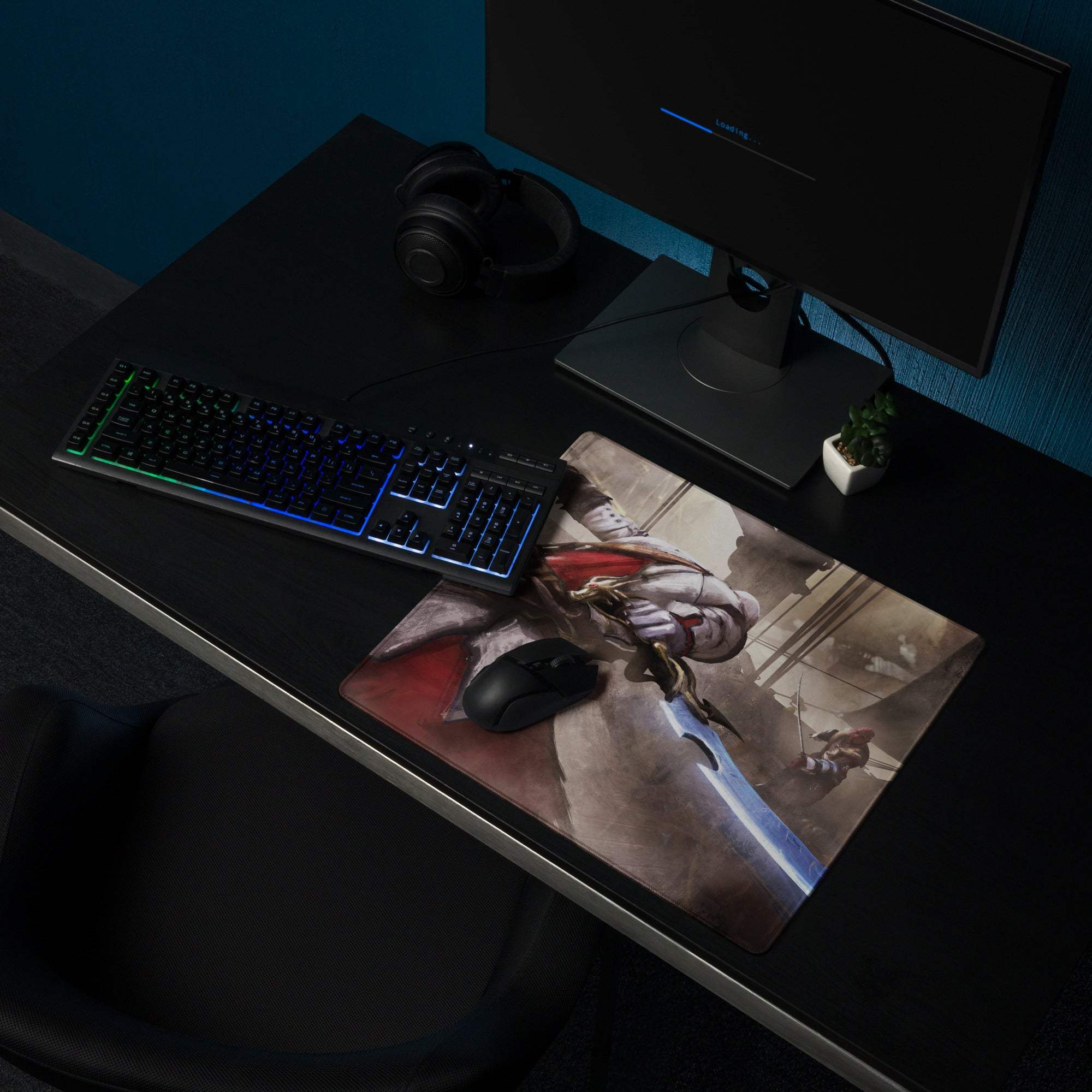 A rectangular sepia battle scene gaming mouse pad with a detailed warrior illustration in muted tones for epic setups