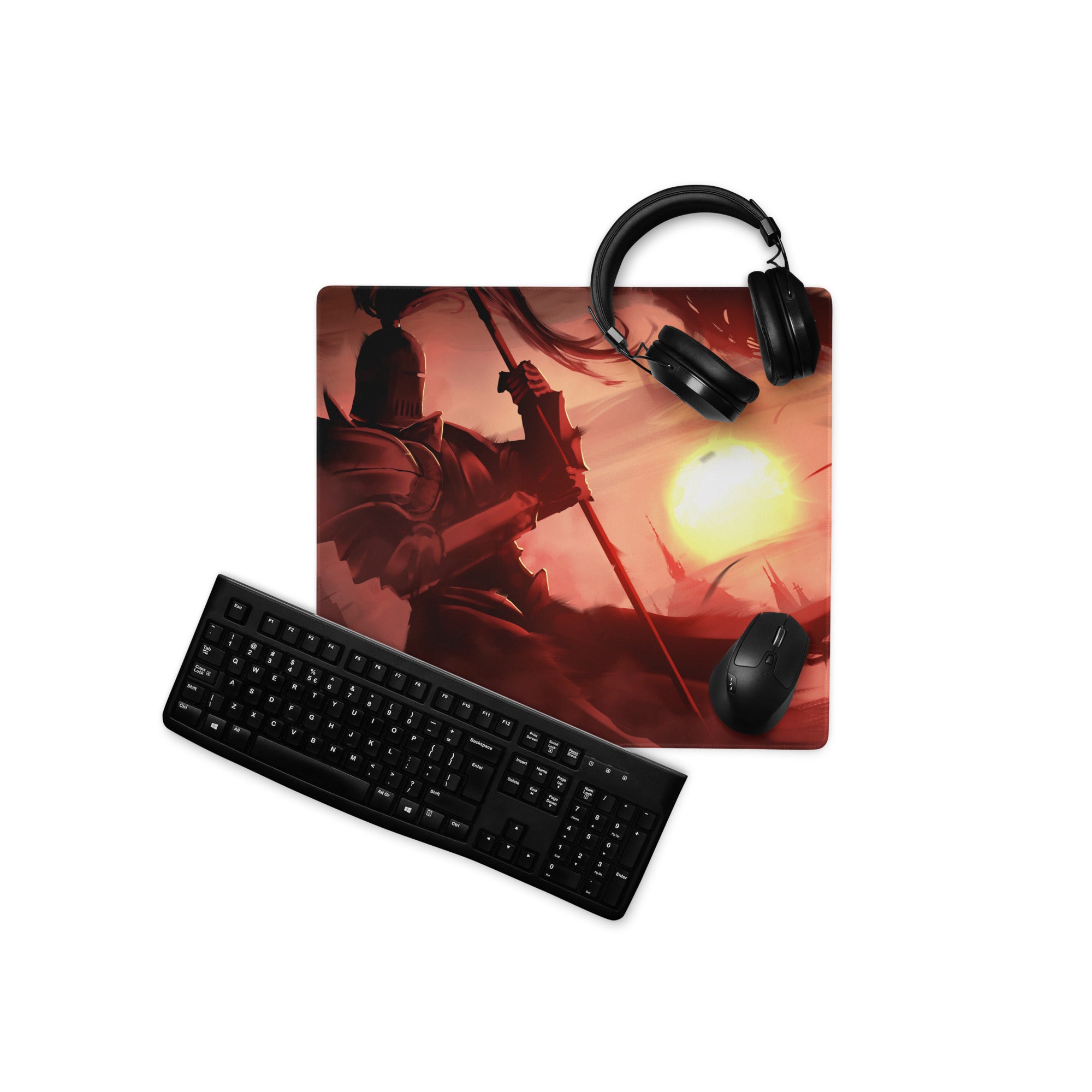 Large Gaming Mouse Pad Red Orange Sunset Battle Scene For Desk Setup Edge Stitching Non Slip Base Digital Art