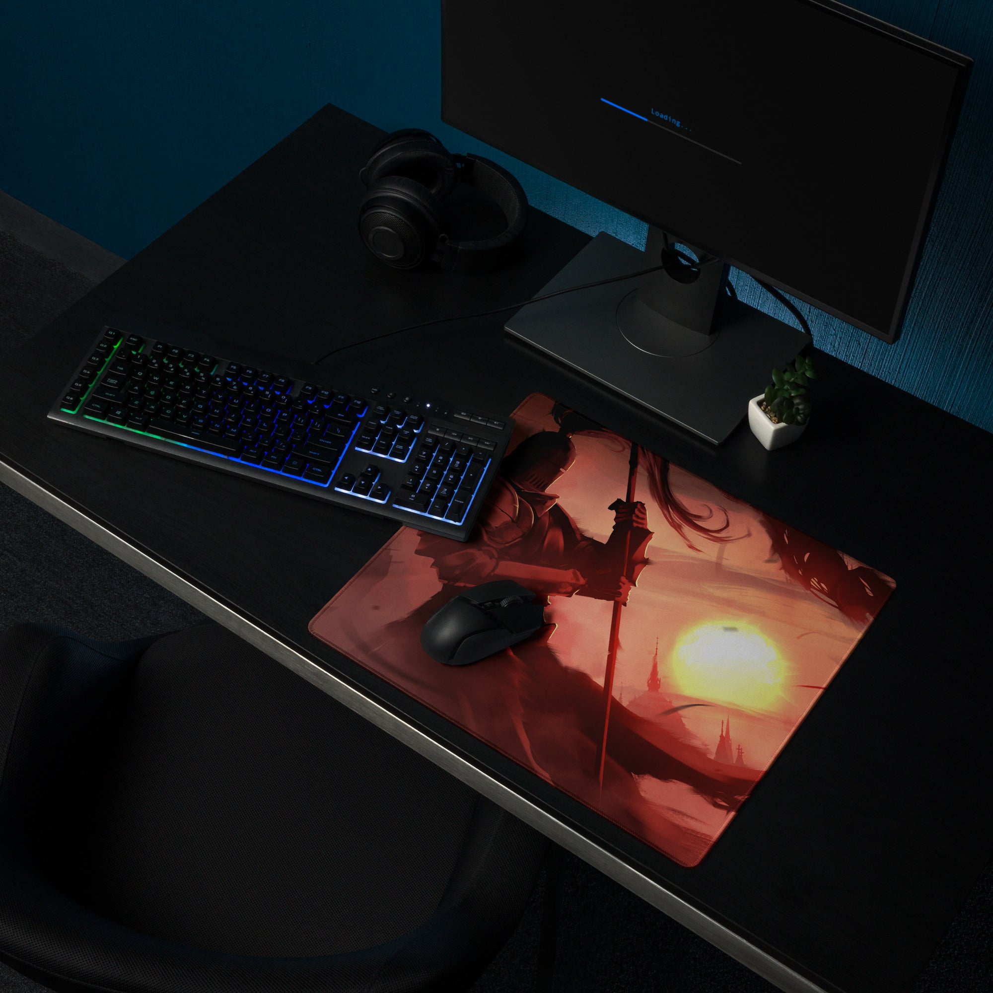 Large Gaming Mouse Pad Red Orange Sunset Battle Scene For Desk Setup Edge Stitching Non Slip Base Digital Art