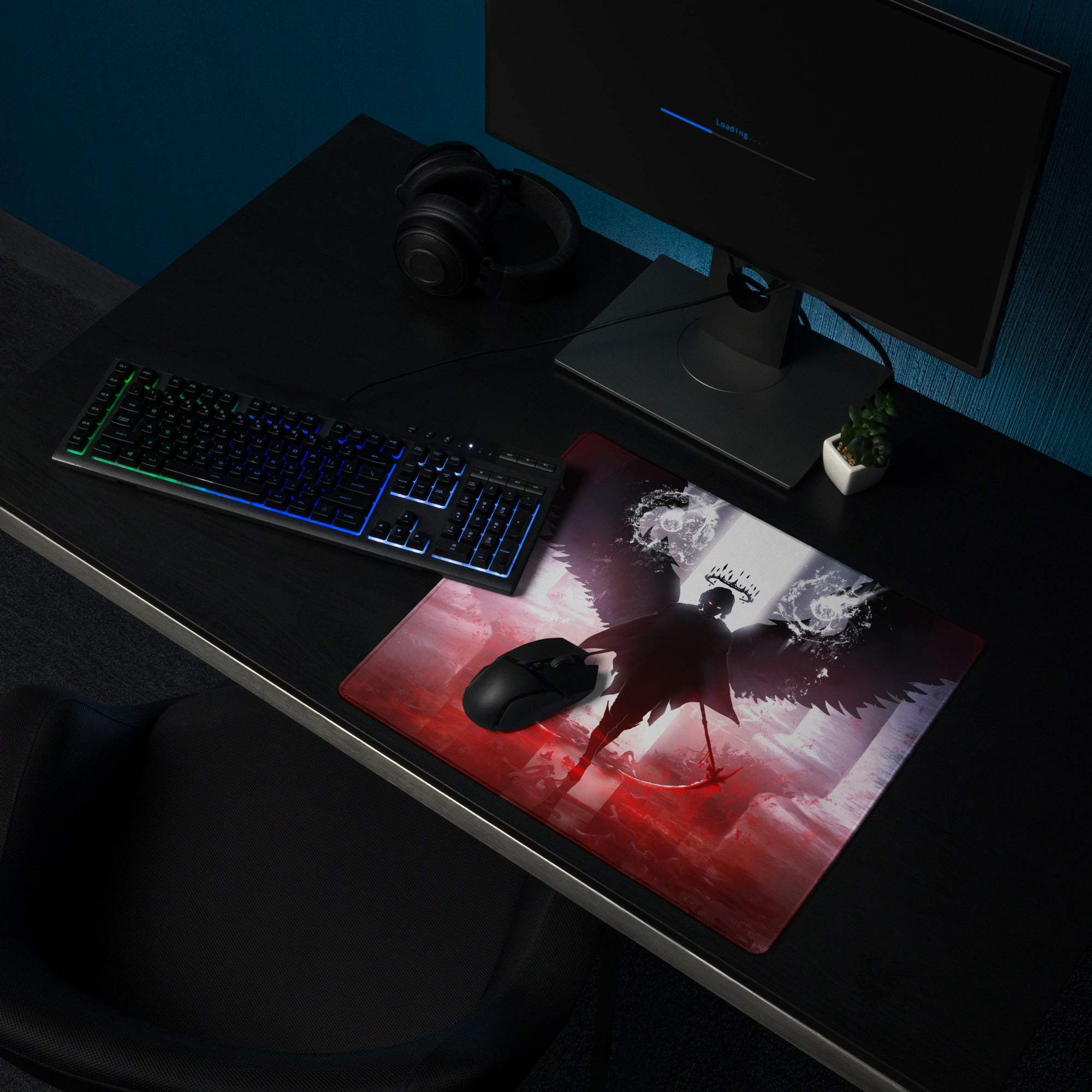 Red and black winged knight dark fantasy mouse pad with glowing eyes against dramatic sky for gaming desk use