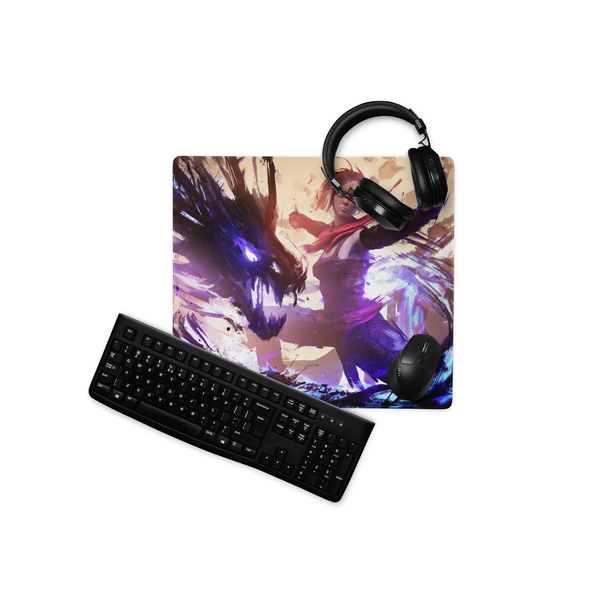 Gaming Mouse Pad Large Size Purple And Blue Abstract Battle Art For PC Desk Non Slip Backing Edge Stitching