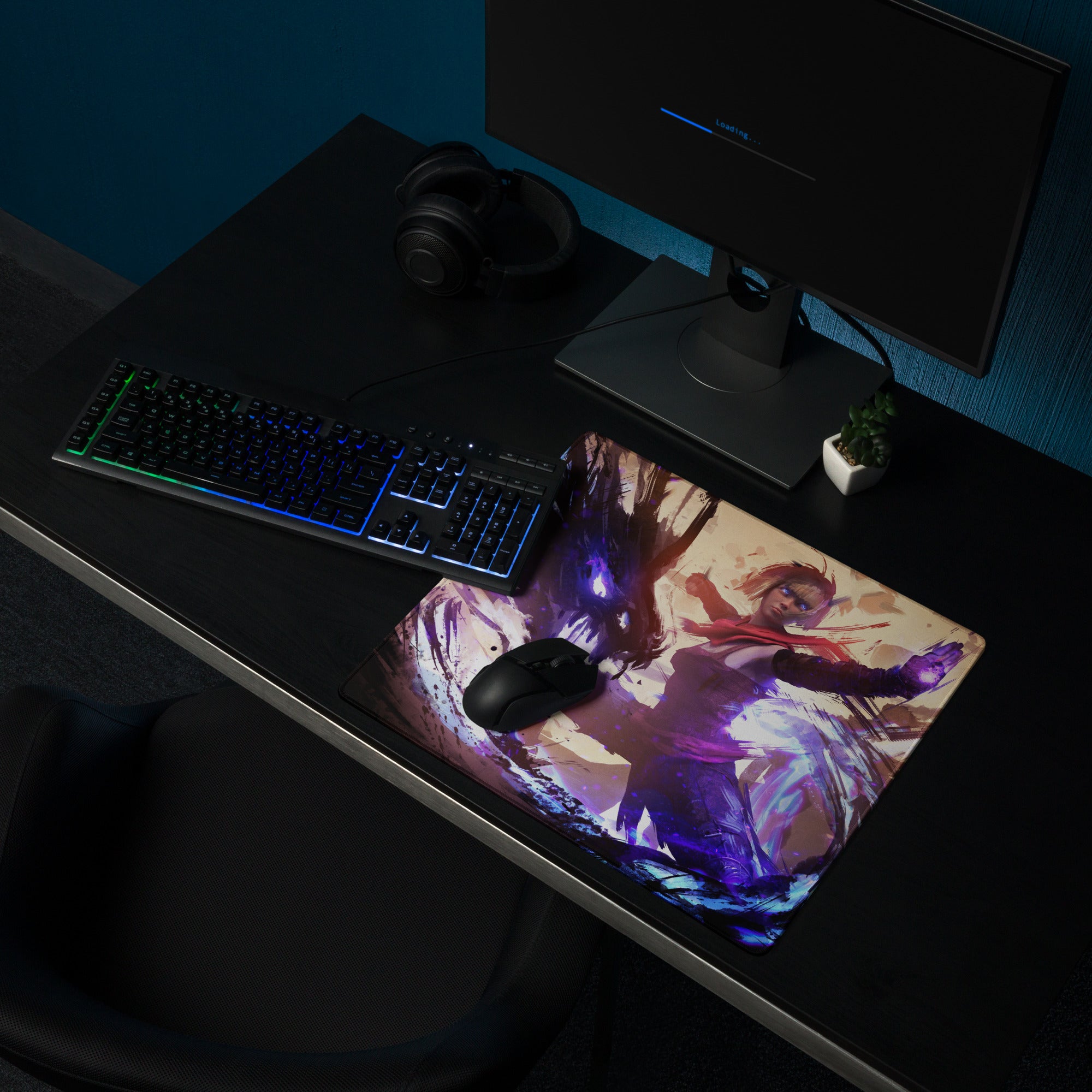Gaming Mouse Pad Large Size Purple And Blue Abstract Battle Art For PC Desk Non Slip Backing Edge Stitching
