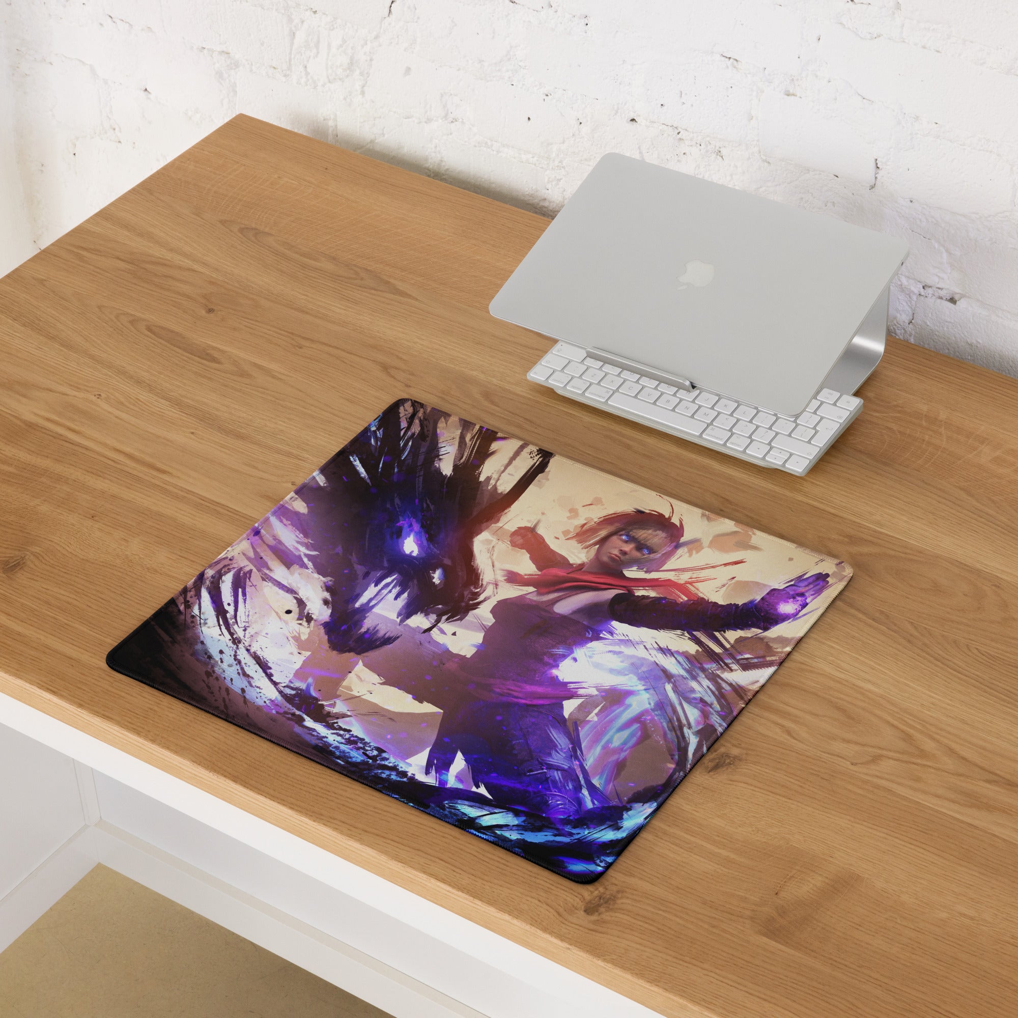 Gaming Mouse Pad Large Size Purple And Blue Abstract Battle Art For PC Desk Non Slip Backing Edge Stitching