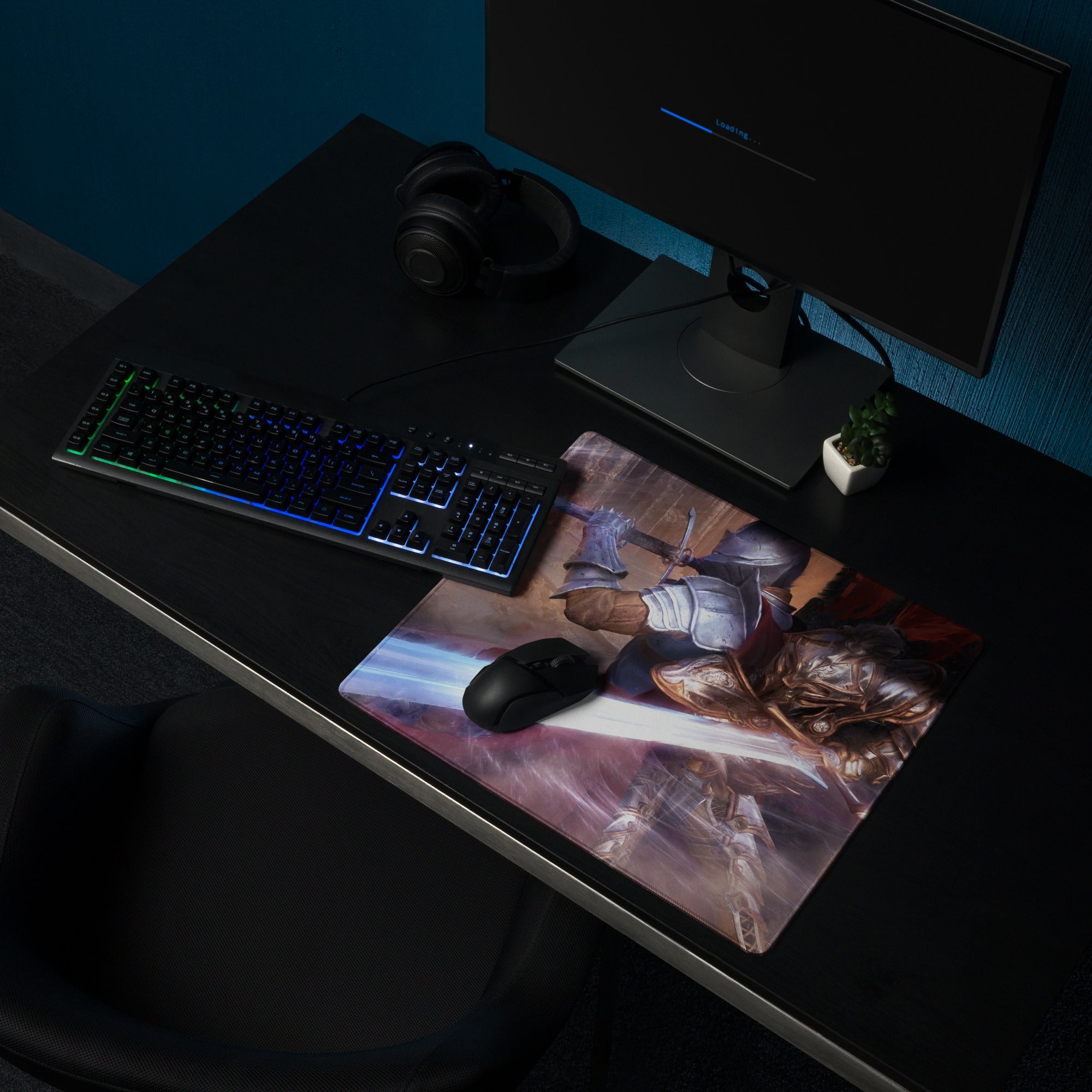 Knight Battle Fantasy Gaming Mouse Pad Blue Purple Tones for Gaming Desk Epic Painterly Artwork
